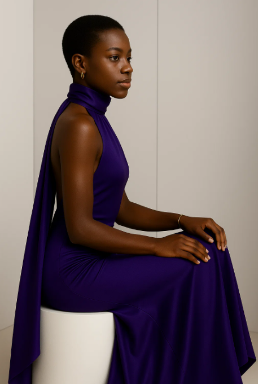 Satin Halter-Neck Maxi Dress with Sculpted Floral Neckline
