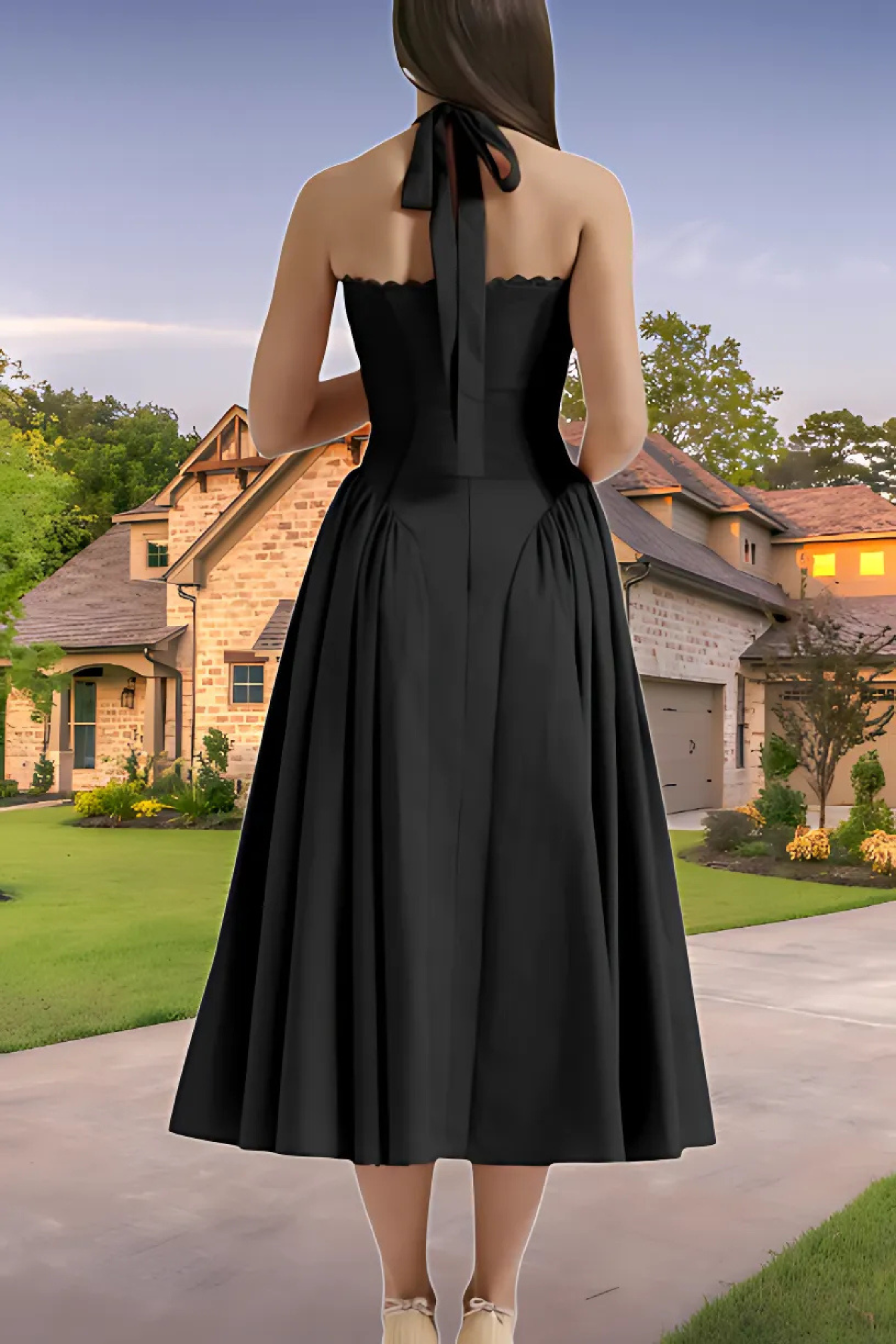Valentina – Corset Midi Dress with Halter Tie & Ruched Bust