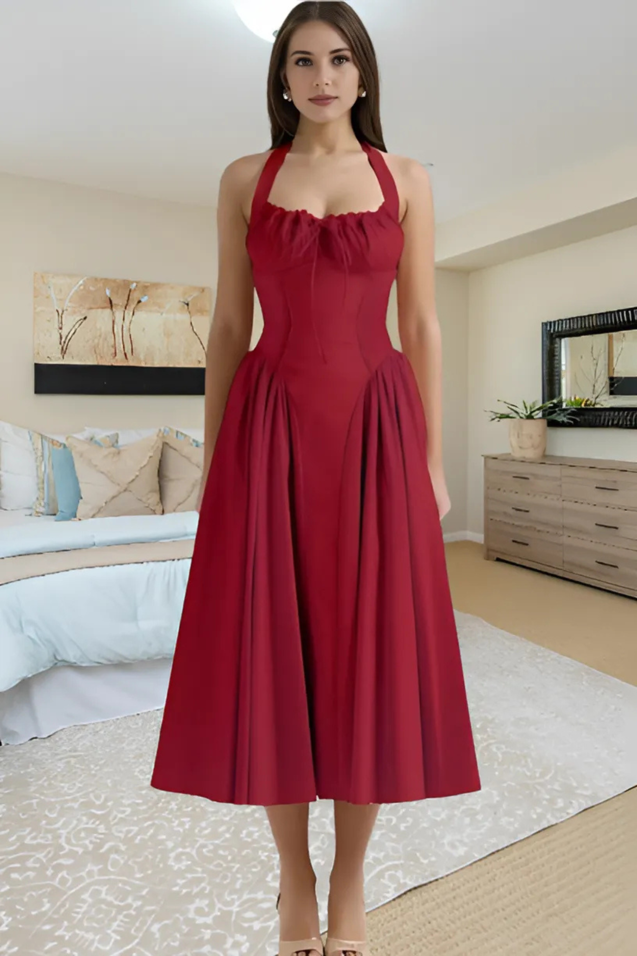 Valentina – Corset Midi Dress with Halter Tie & Ruched Bust