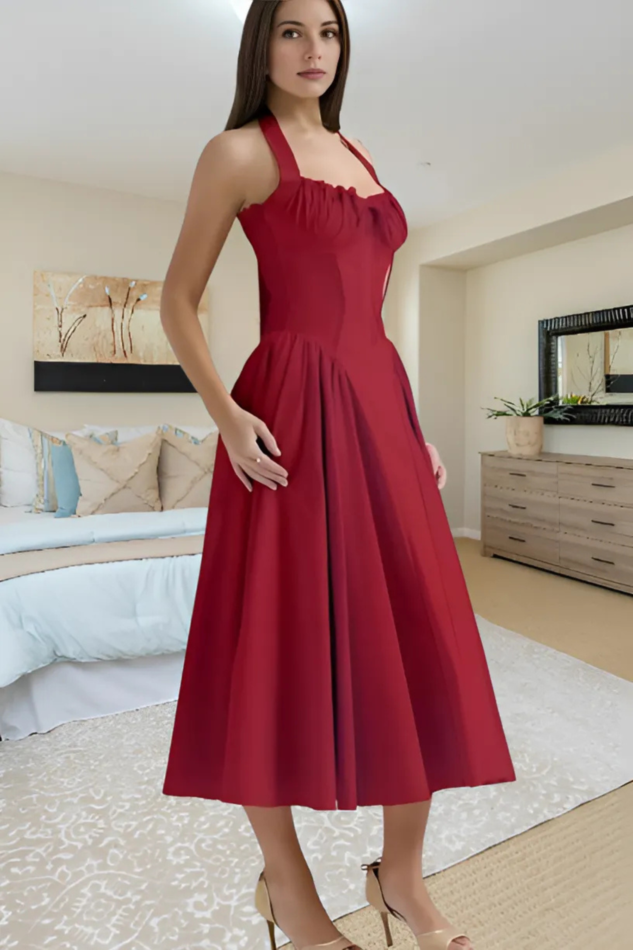 Valentina – Corset Midi Dress with Halter Tie & Ruched Bust