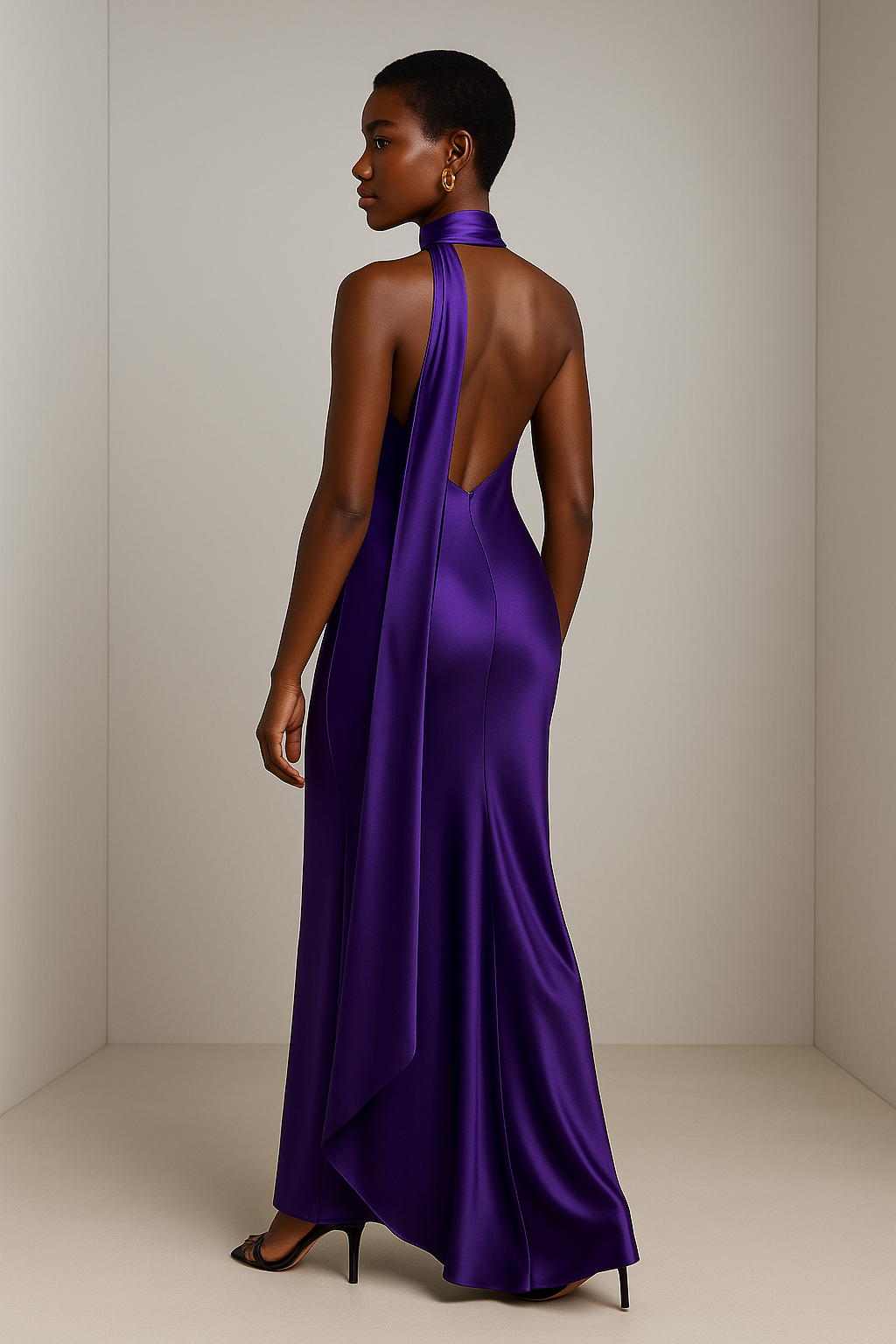 Satin Halter-Neck Maxi Dress with Sculpted Floral Neckline
