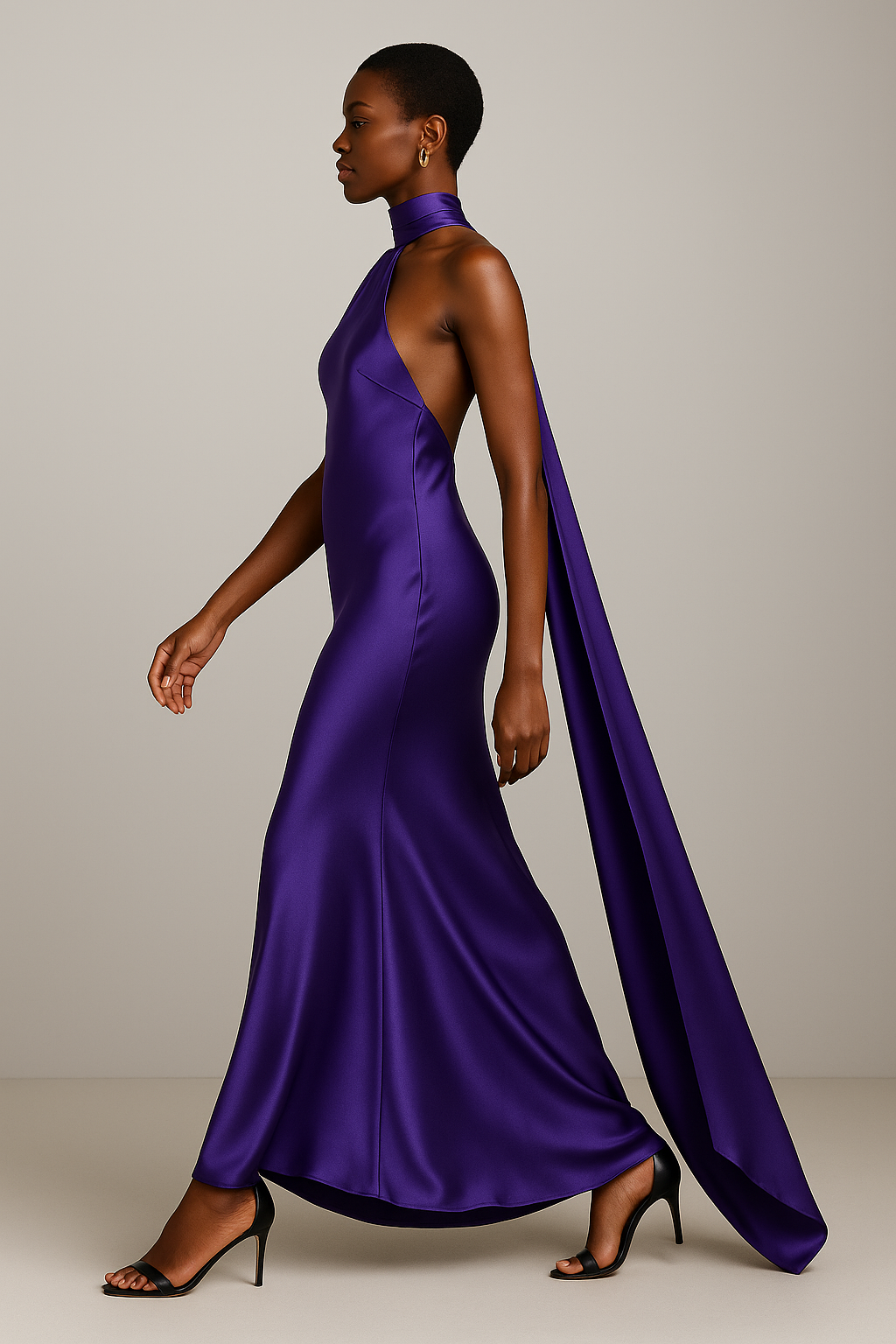 Satin Halter-Neck Maxi Dress with Sculpted Floral Neckline