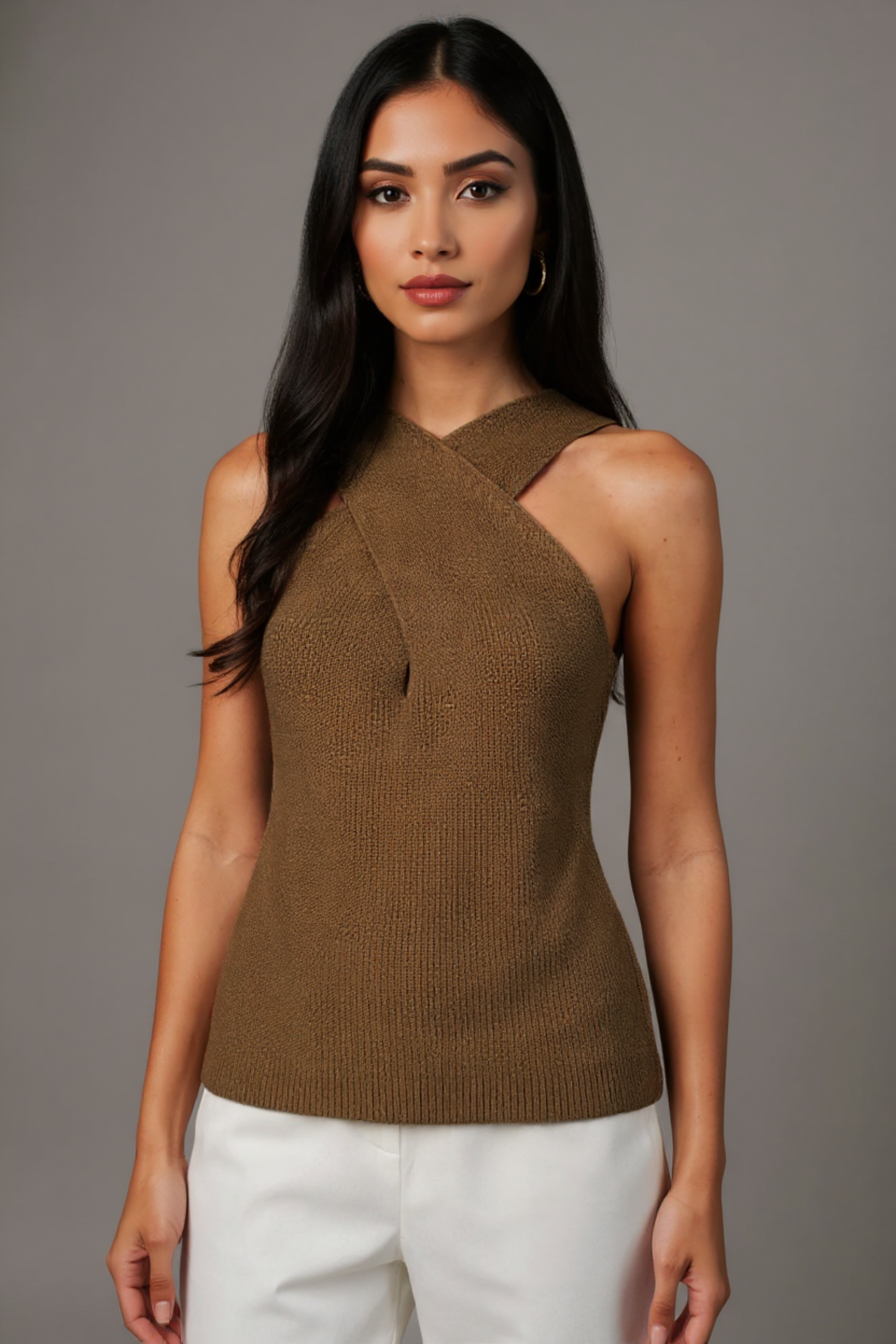 Halter Cross-Over Collar Knit Tank Top