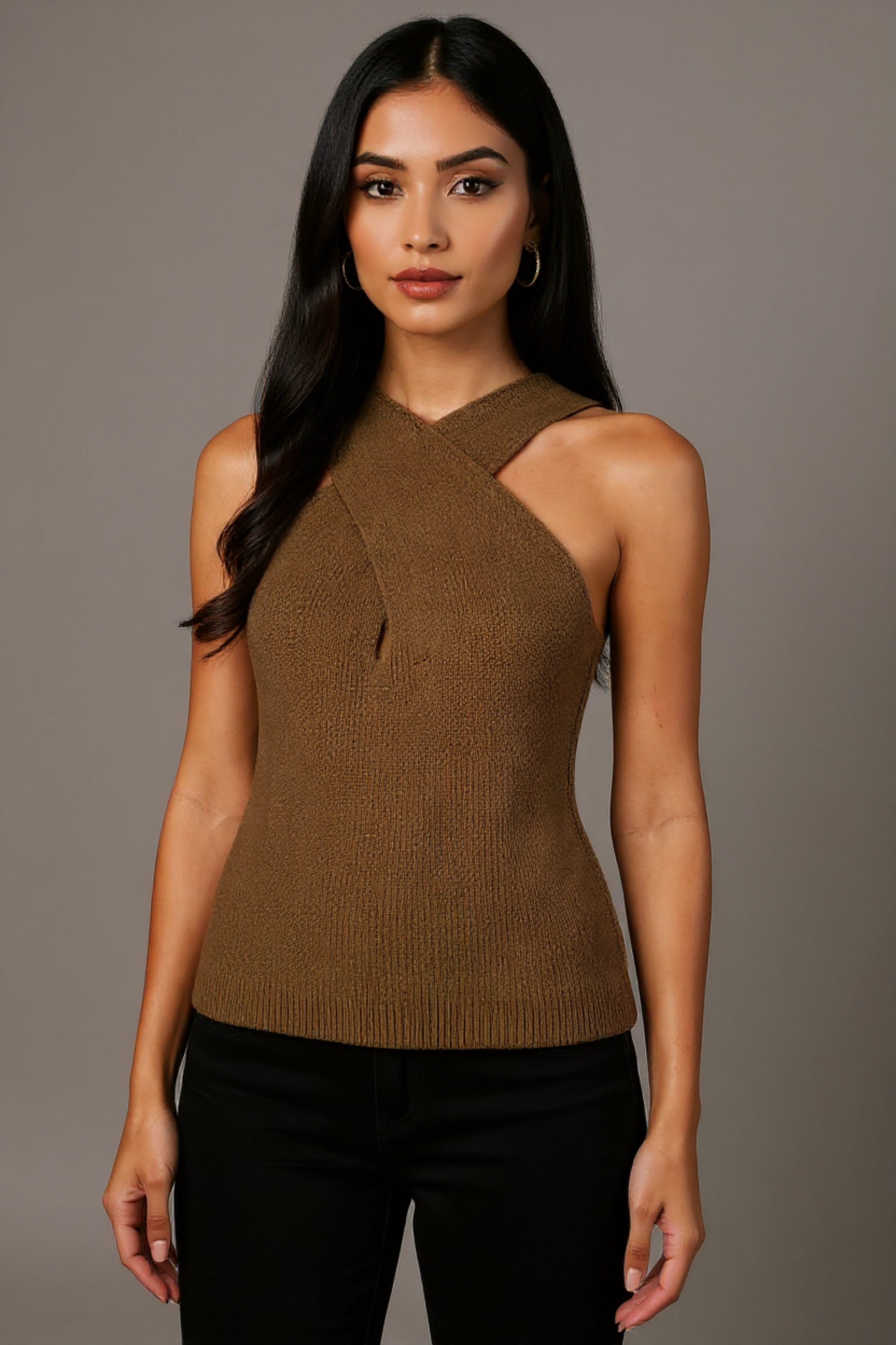Halter Cross-Over Collar Knit Tank Top