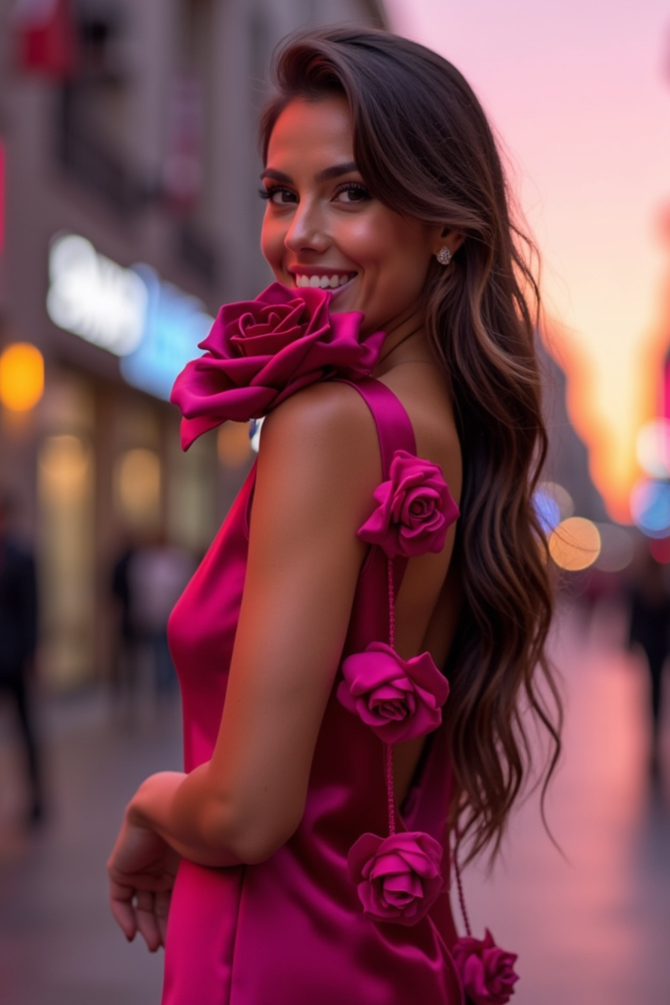 Moonlit Desire Flower Satin Ribbon Maxi Dress