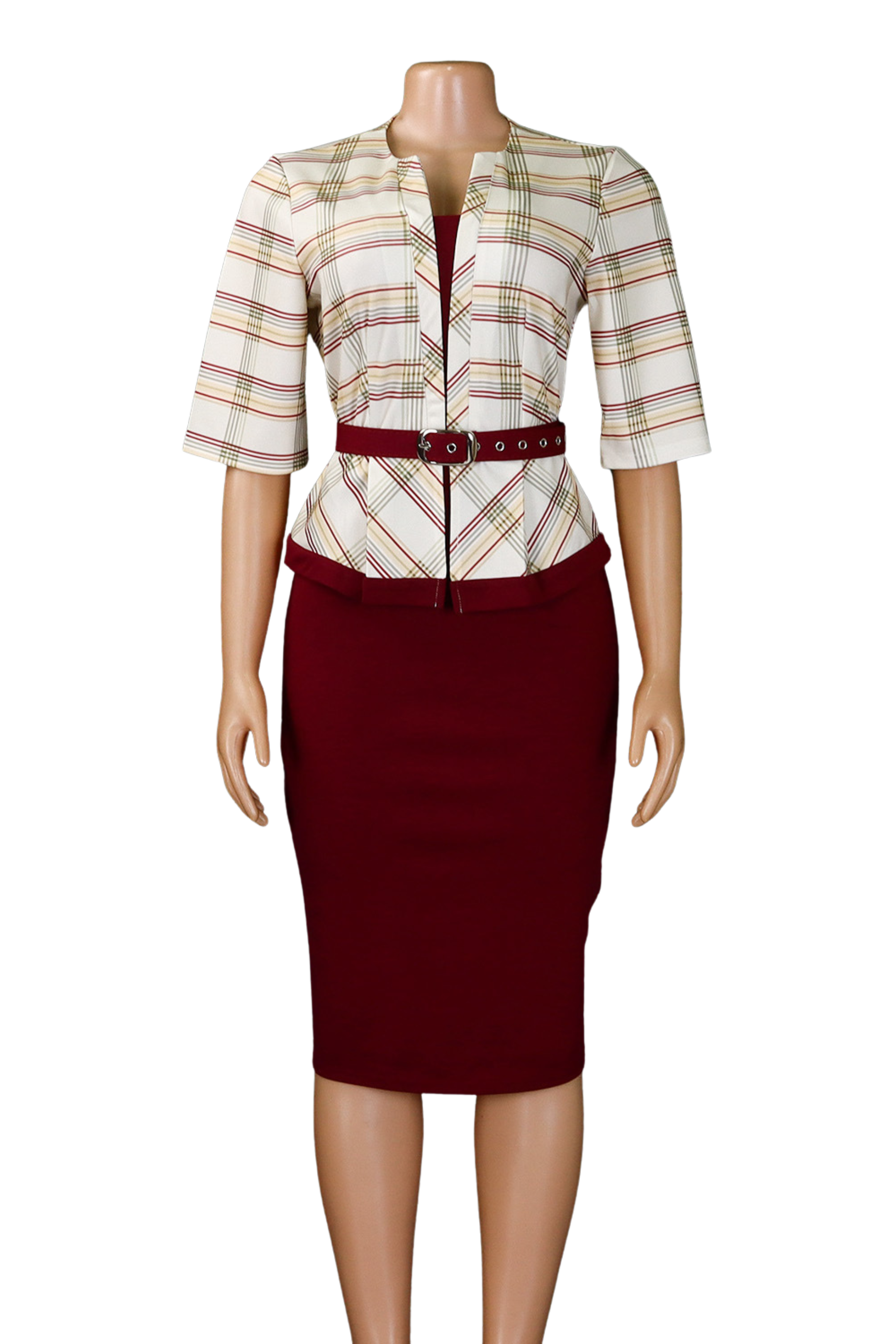 Elegant Plaid Pencil Dress – Structured Fit with Belt