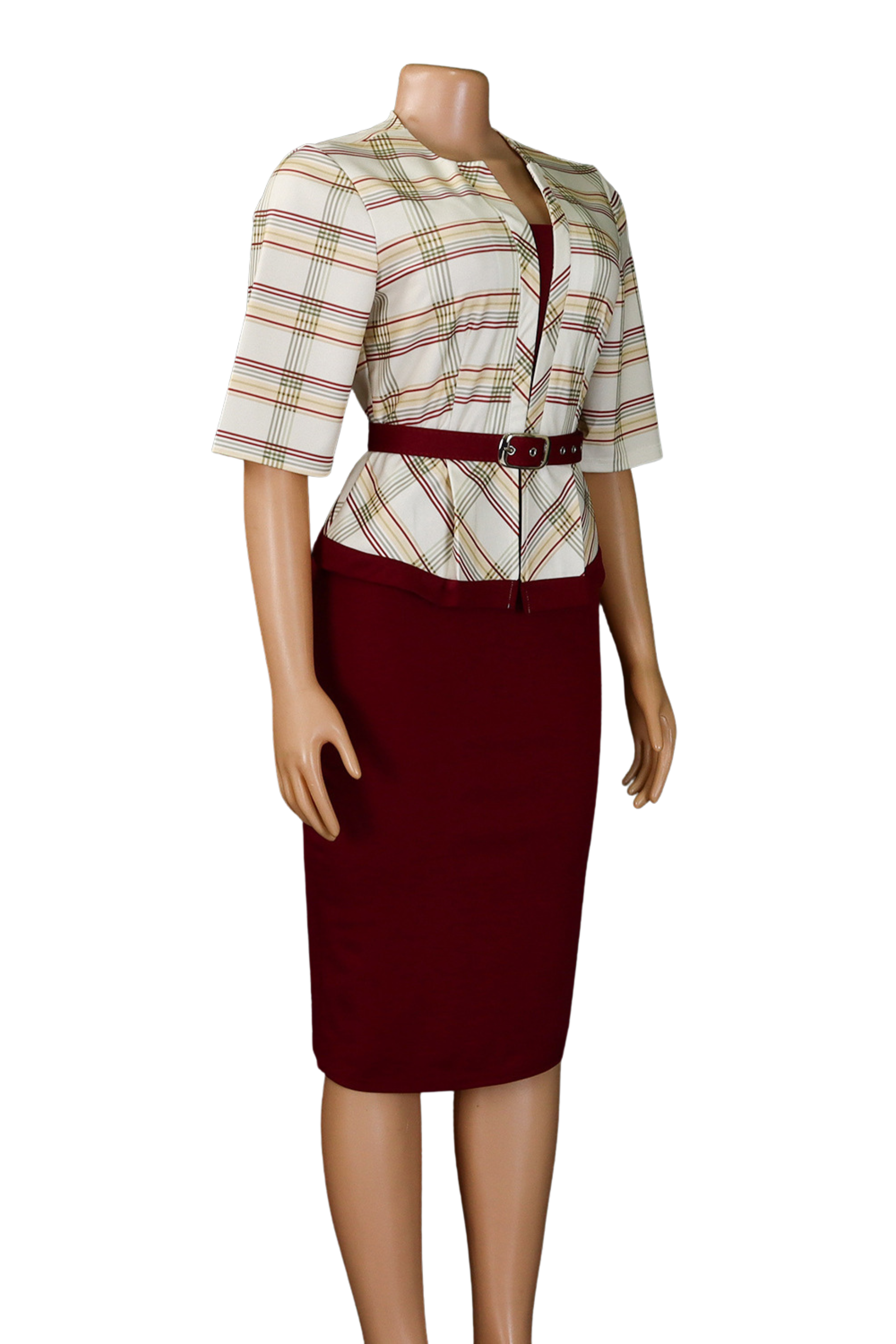 Elegant Plaid Pencil Dress – Structured Fit with Belt
