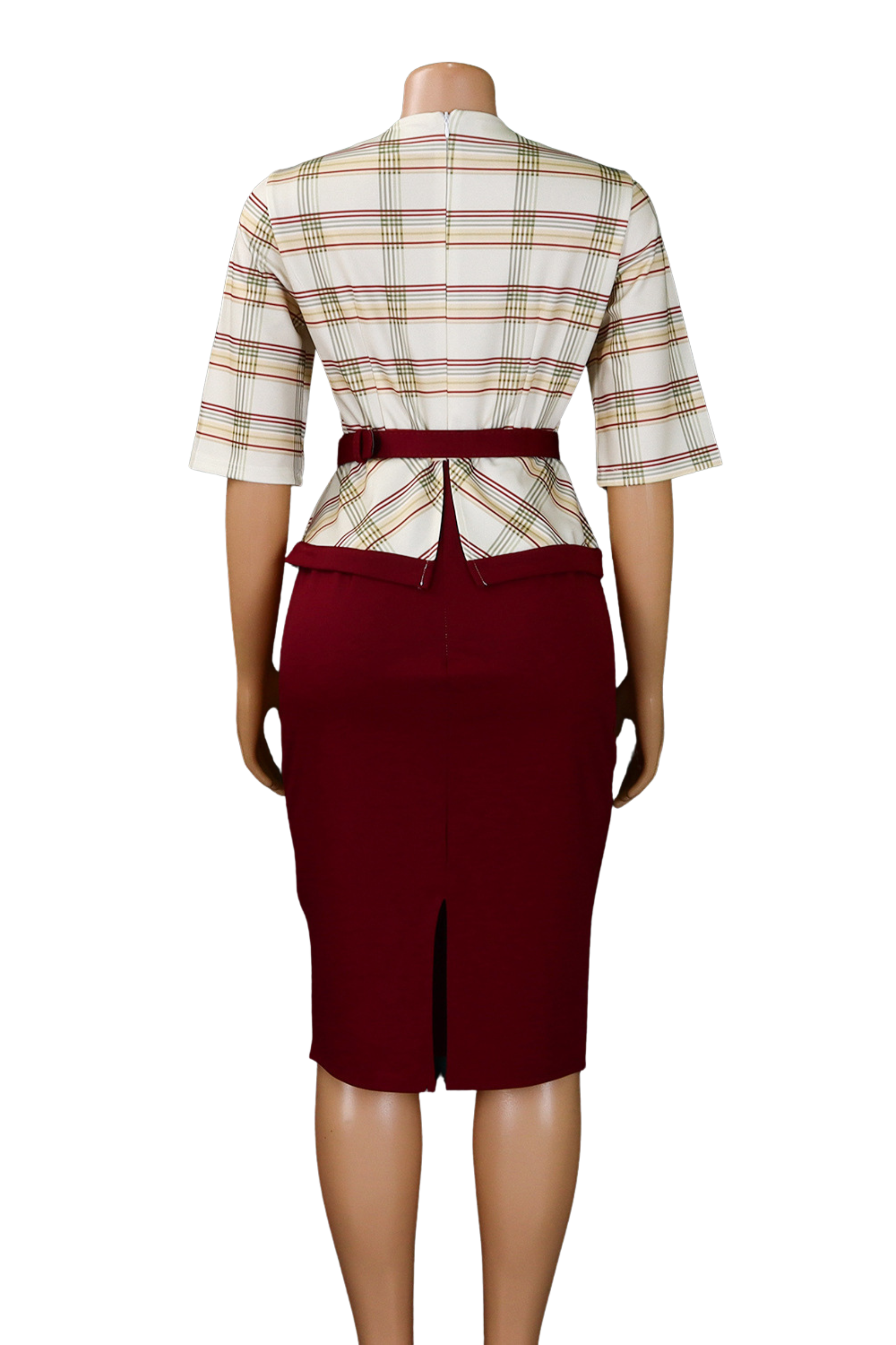 Elegant Plaid Pencil Dress – Structured Fit with Belt
