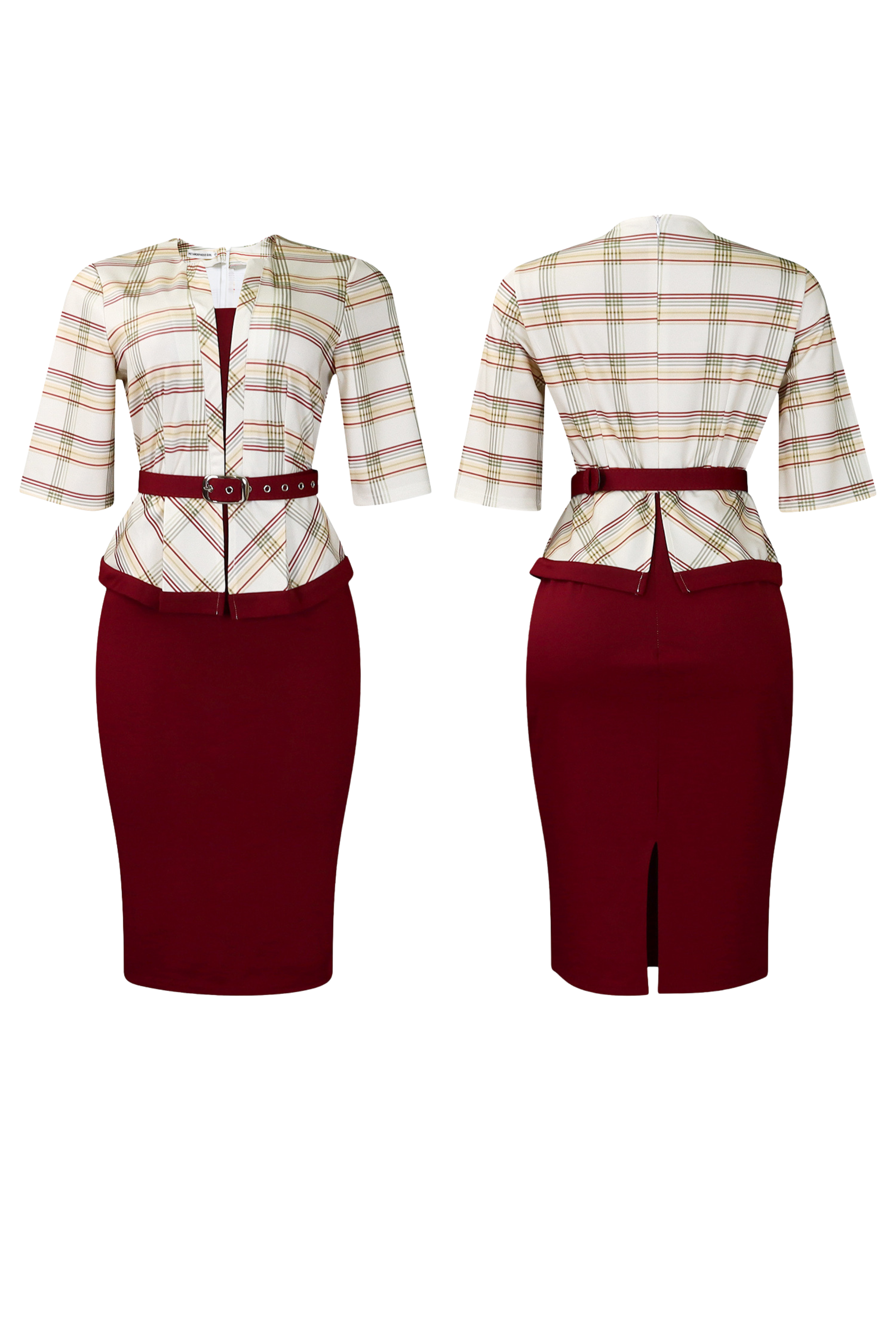 Elegant Plaid Pencil Dress – Structured Fit with Belt