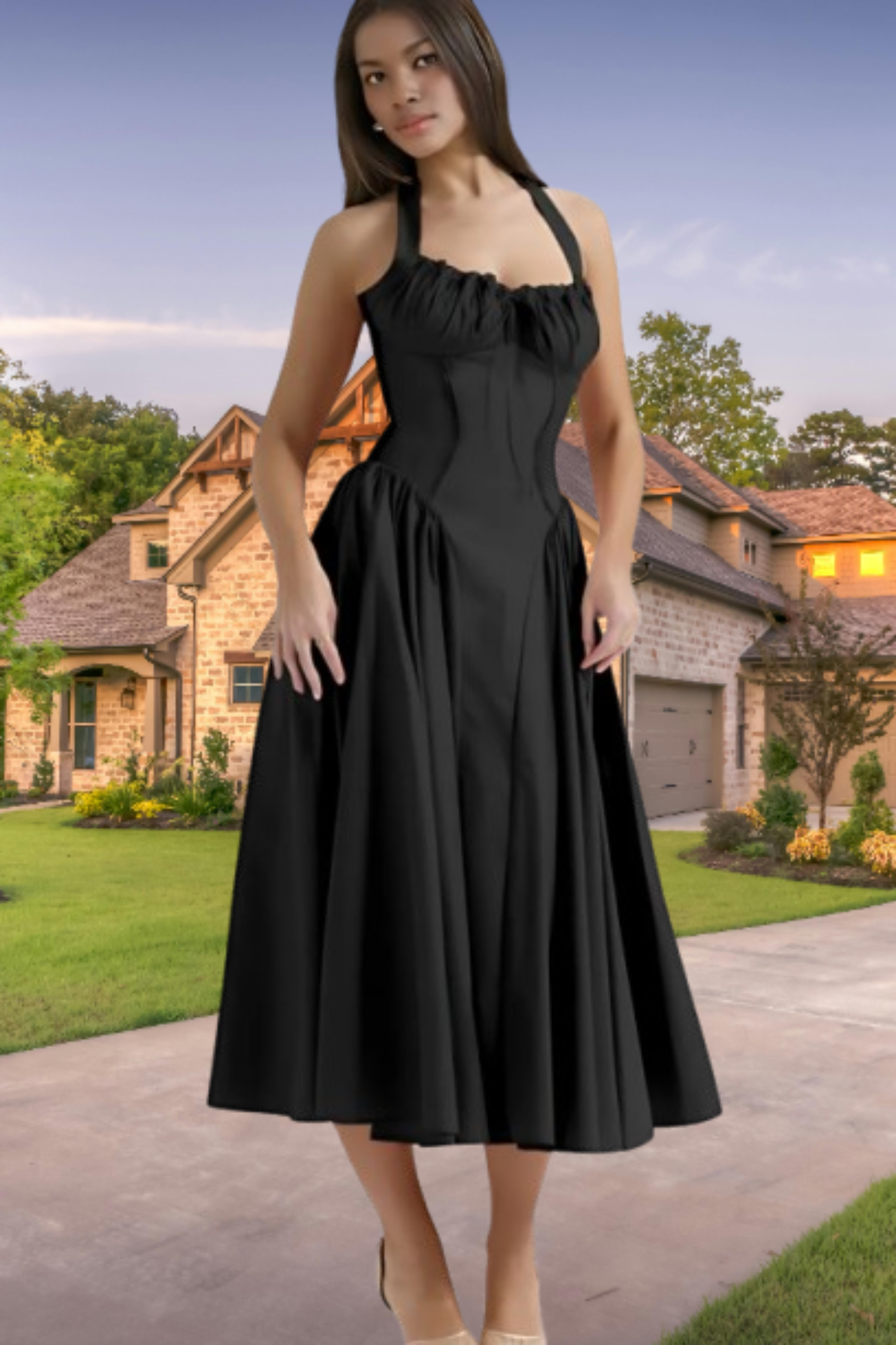Valentina – Corset Midi Dress with Halter Tie & Ruched Bust