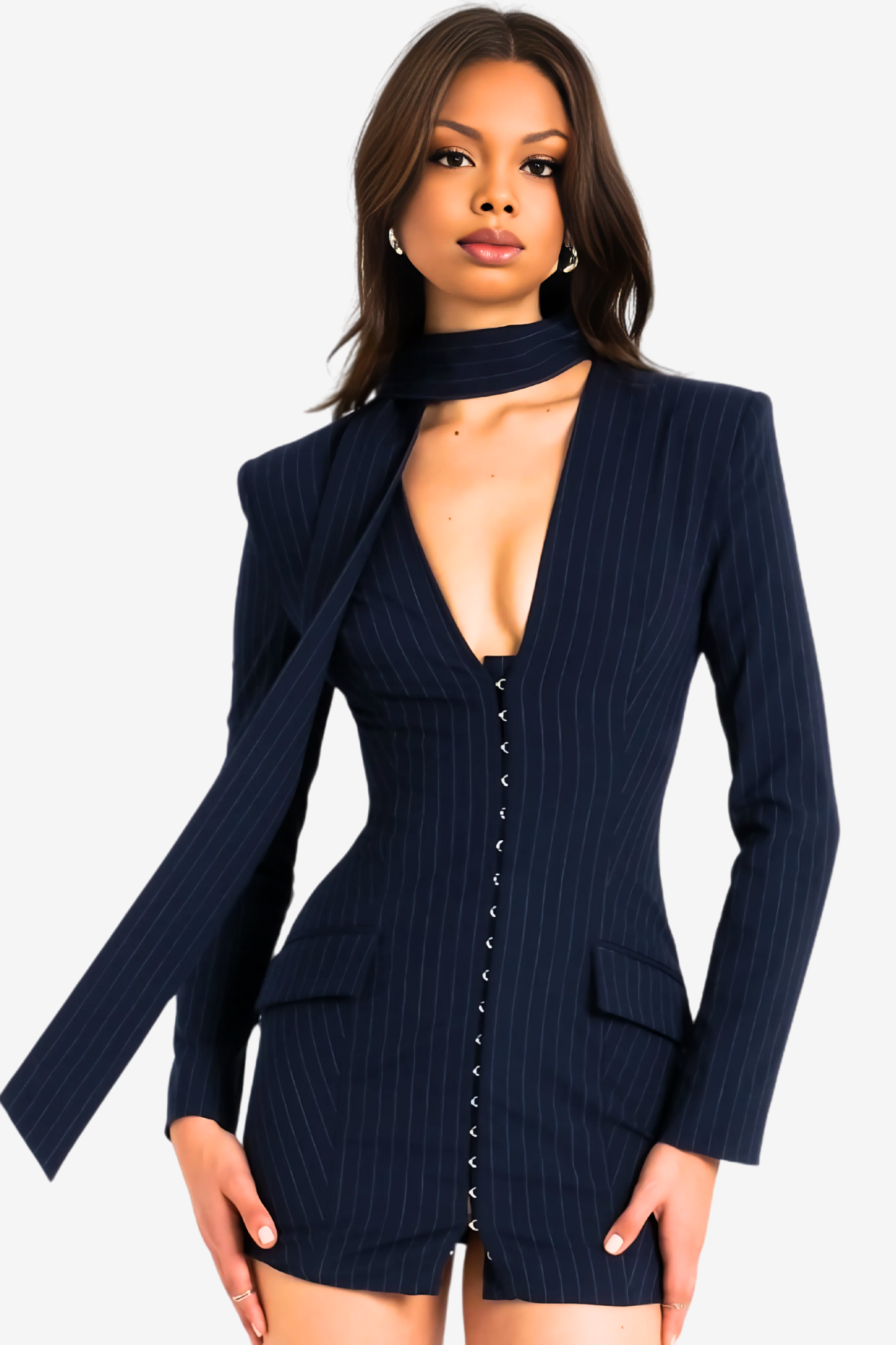 Power Play Blue Blazer Dress with scarf collar