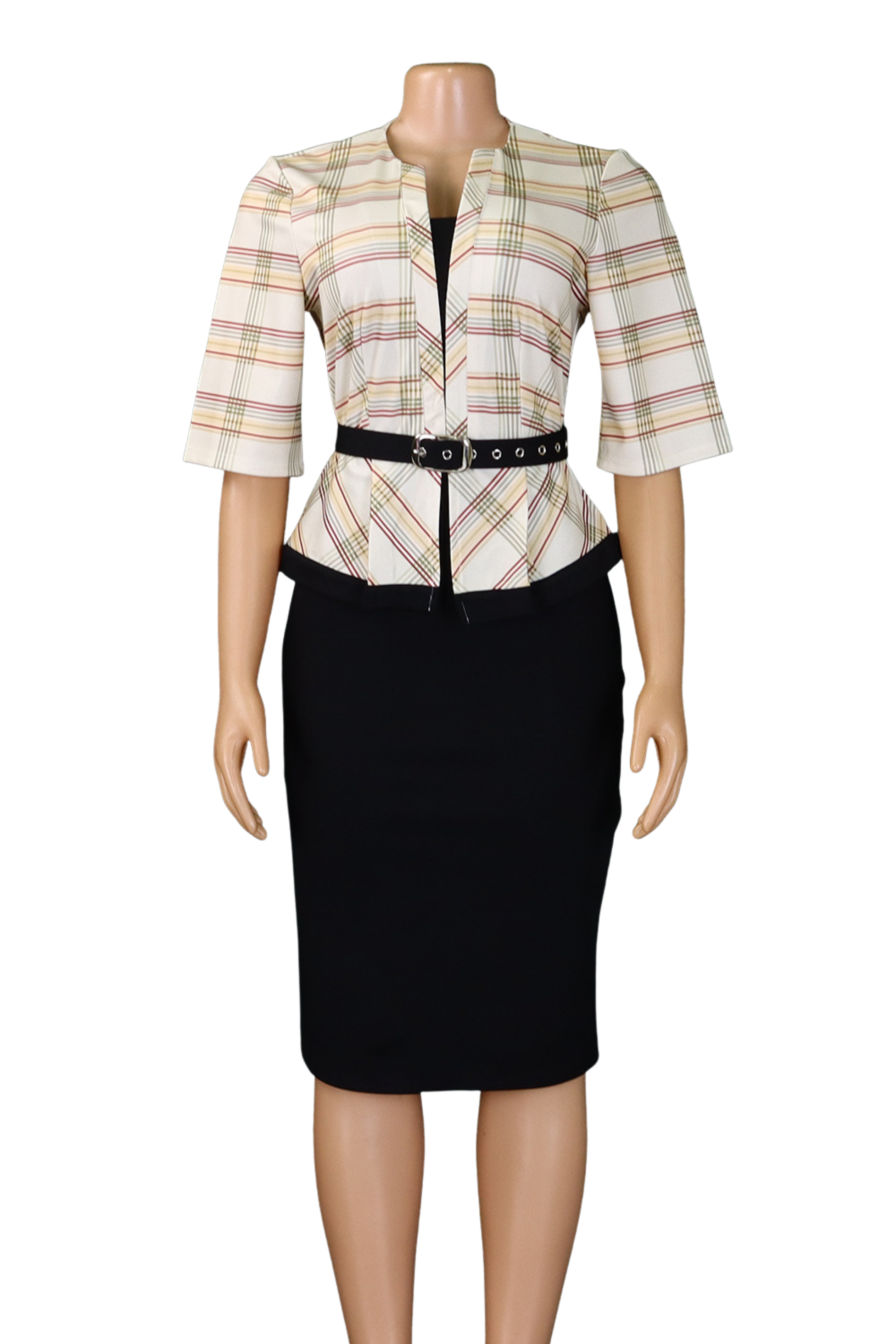 Elegant Plaid Pencil Dress – Structured Fit with Belt