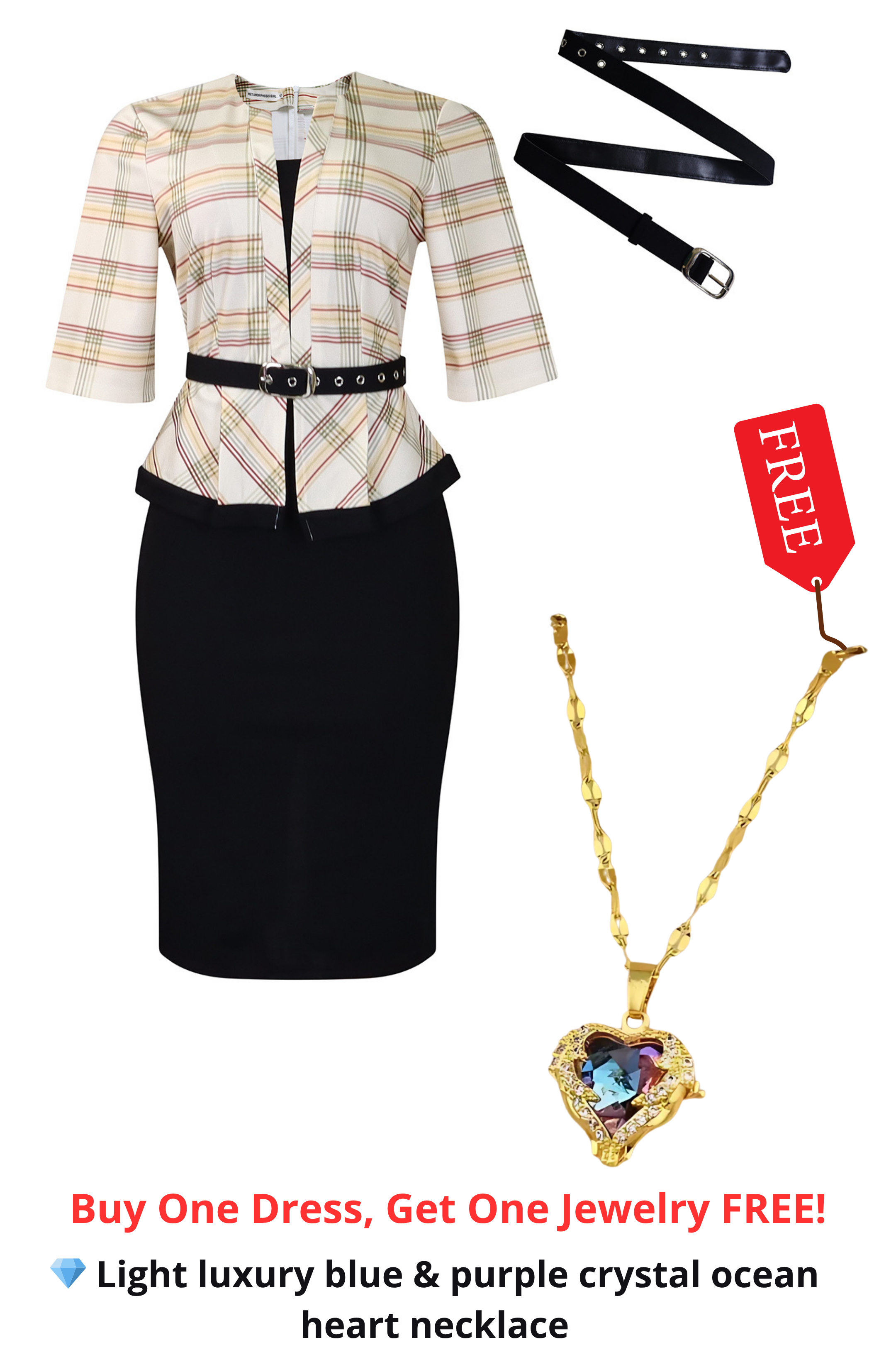 Elegant Plaid Pencil Dress – Structured Fit with Belt