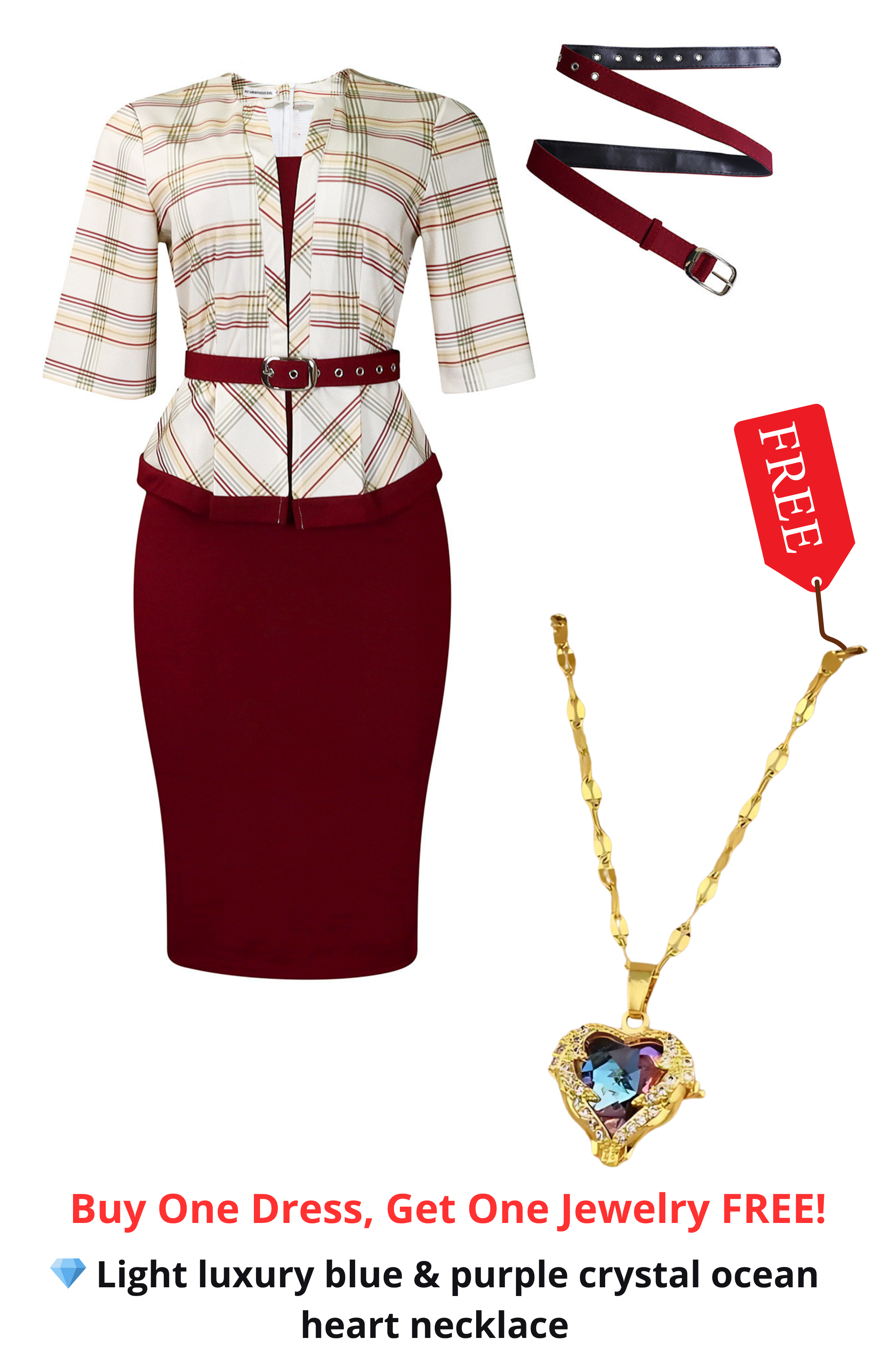 Elegant Plaid Pencil Dress – Structured Fit with Belt