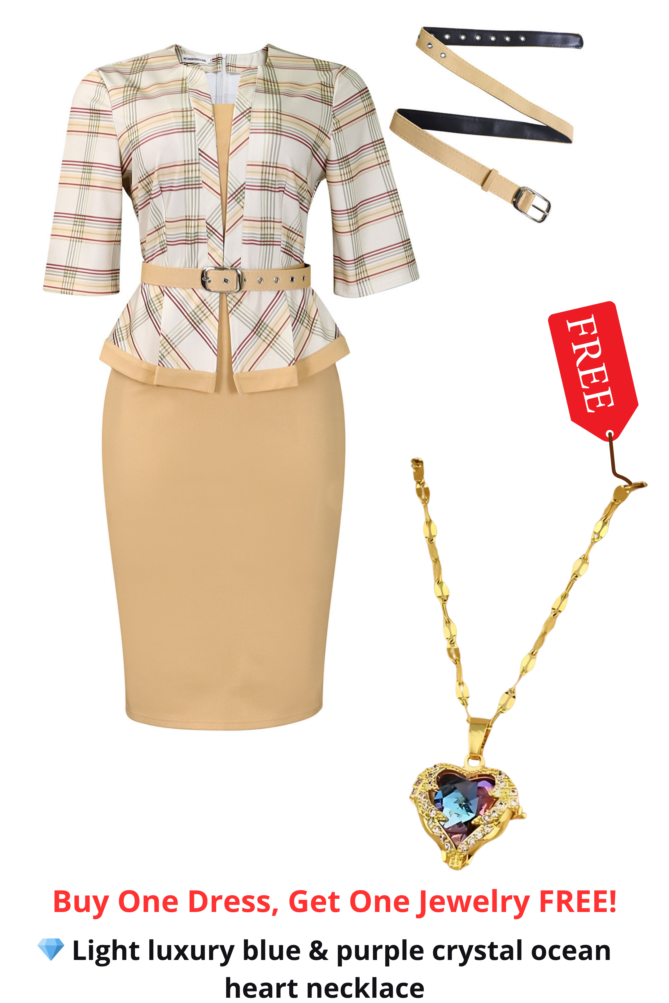 Elegant Plaid Pencil Dress – Structured Fit with Belt