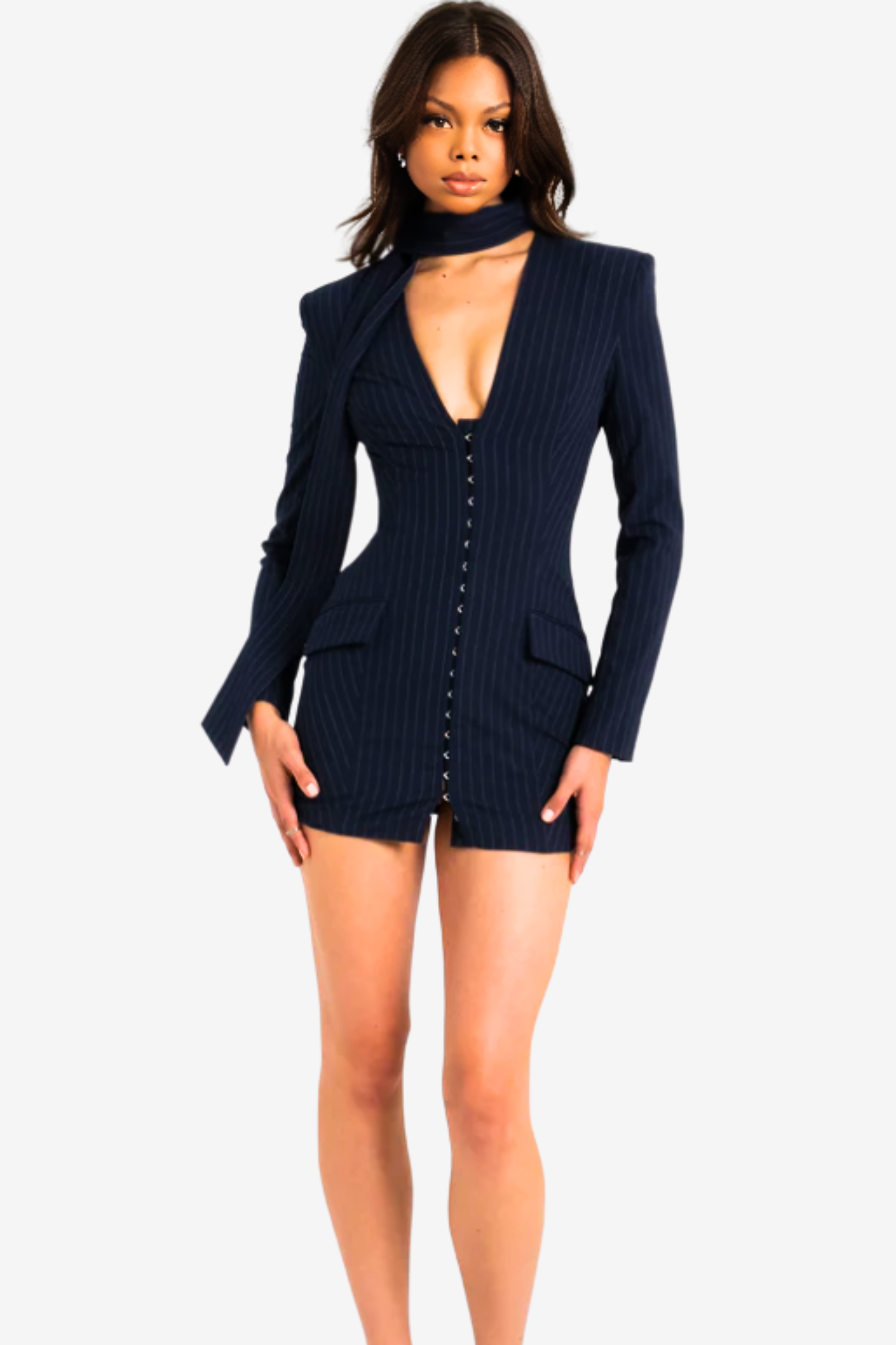 Power Play Blue Blazer Dress with scarf collar