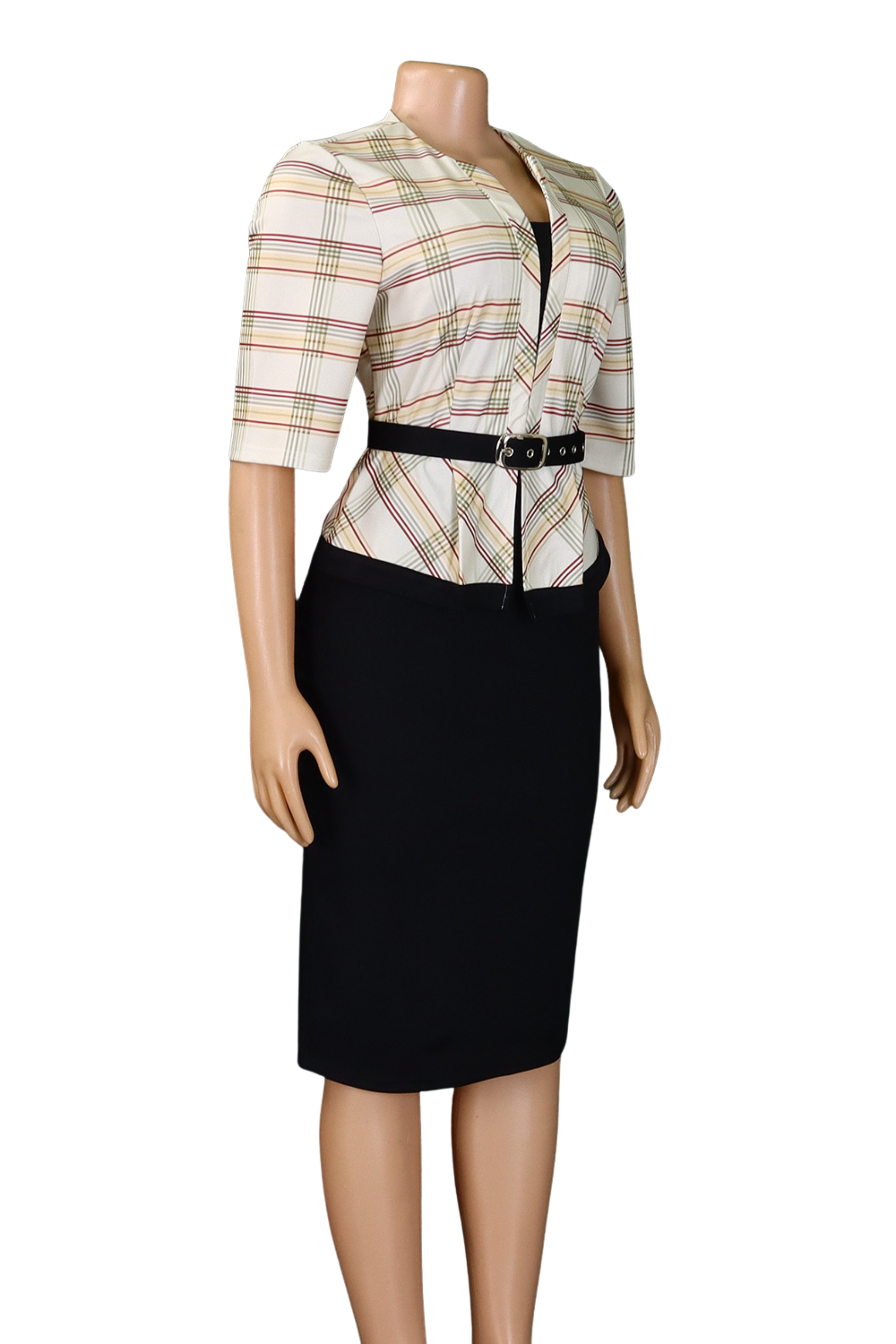 Elegant Plaid Pencil Dress – Structured Fit with Belt