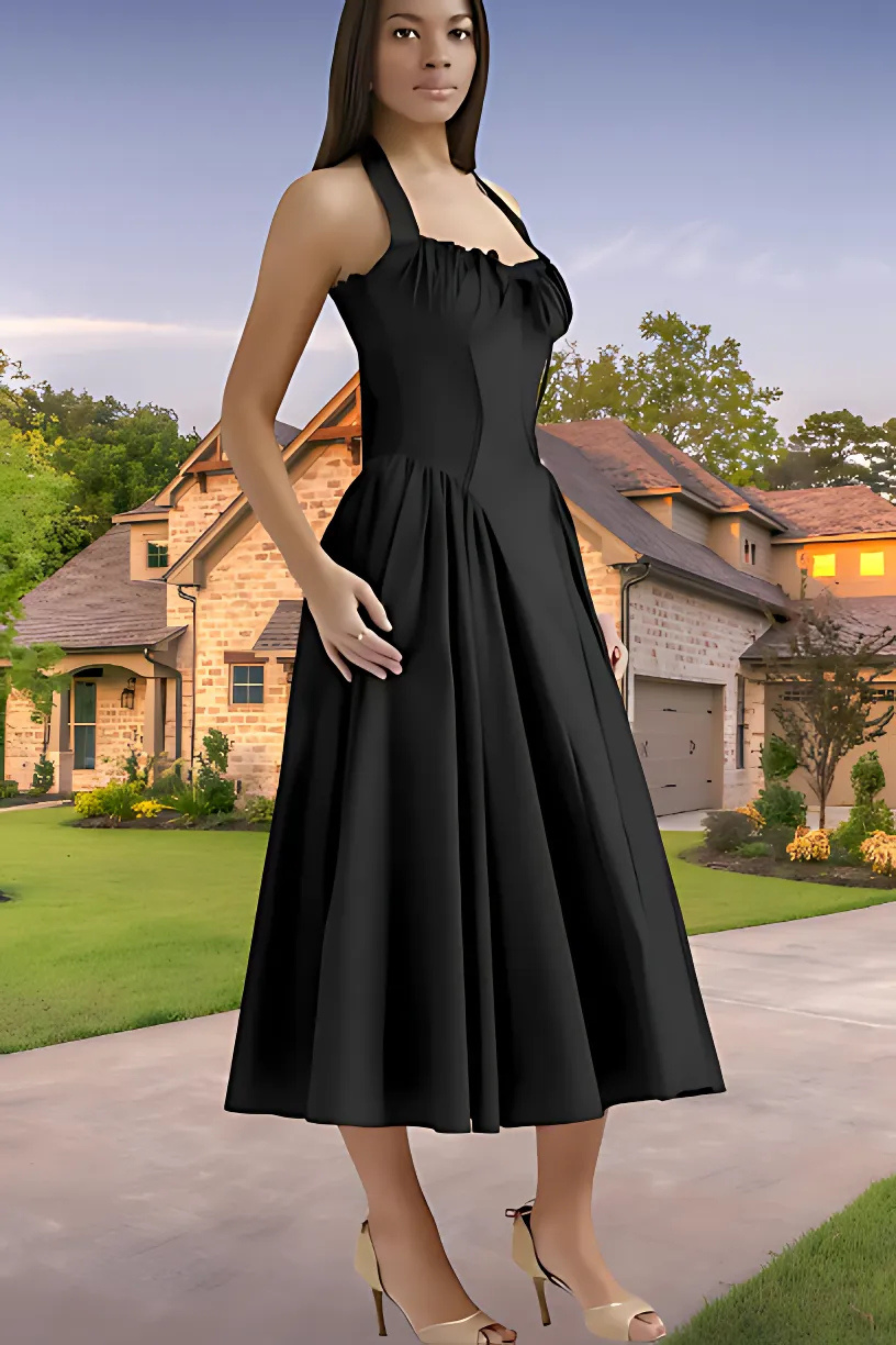 Valentina – Corset Midi Dress with Halter Tie & Ruched Bust