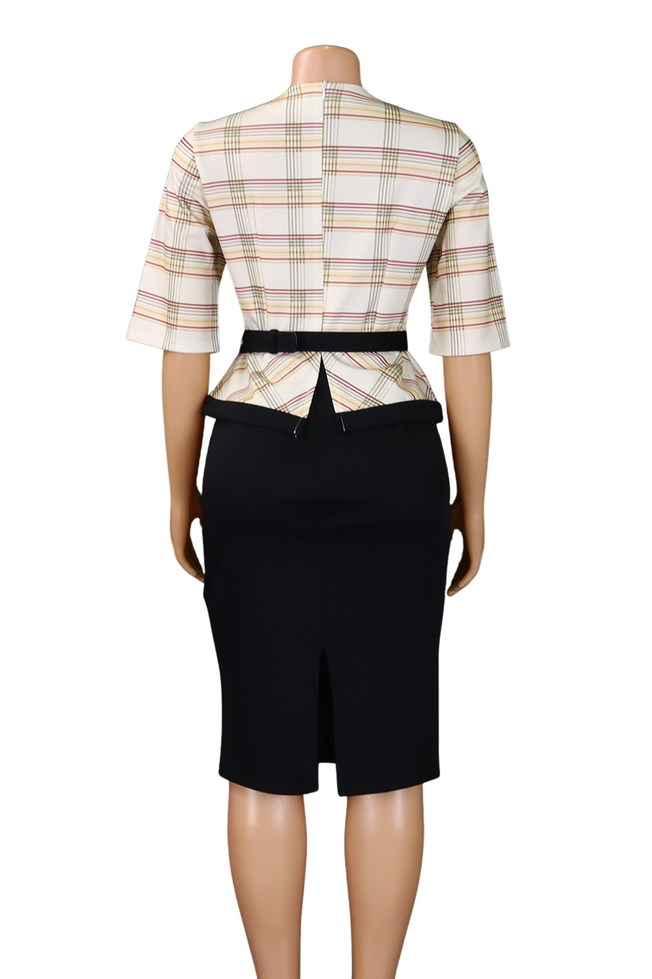 Elegant Plaid Pencil Dress – Structured Fit with Belt