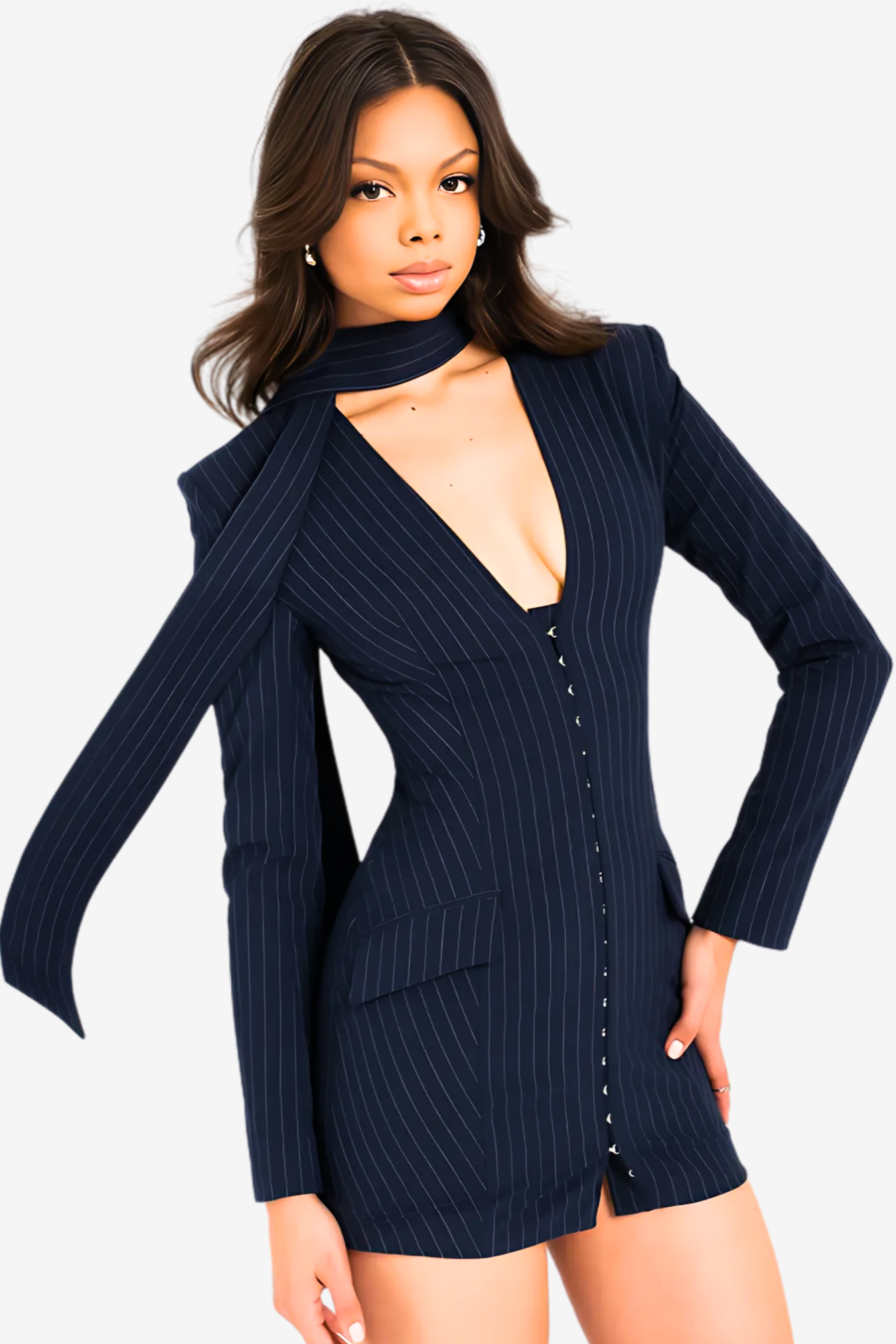 Power Play Blue Blazer Dress with scarf collar