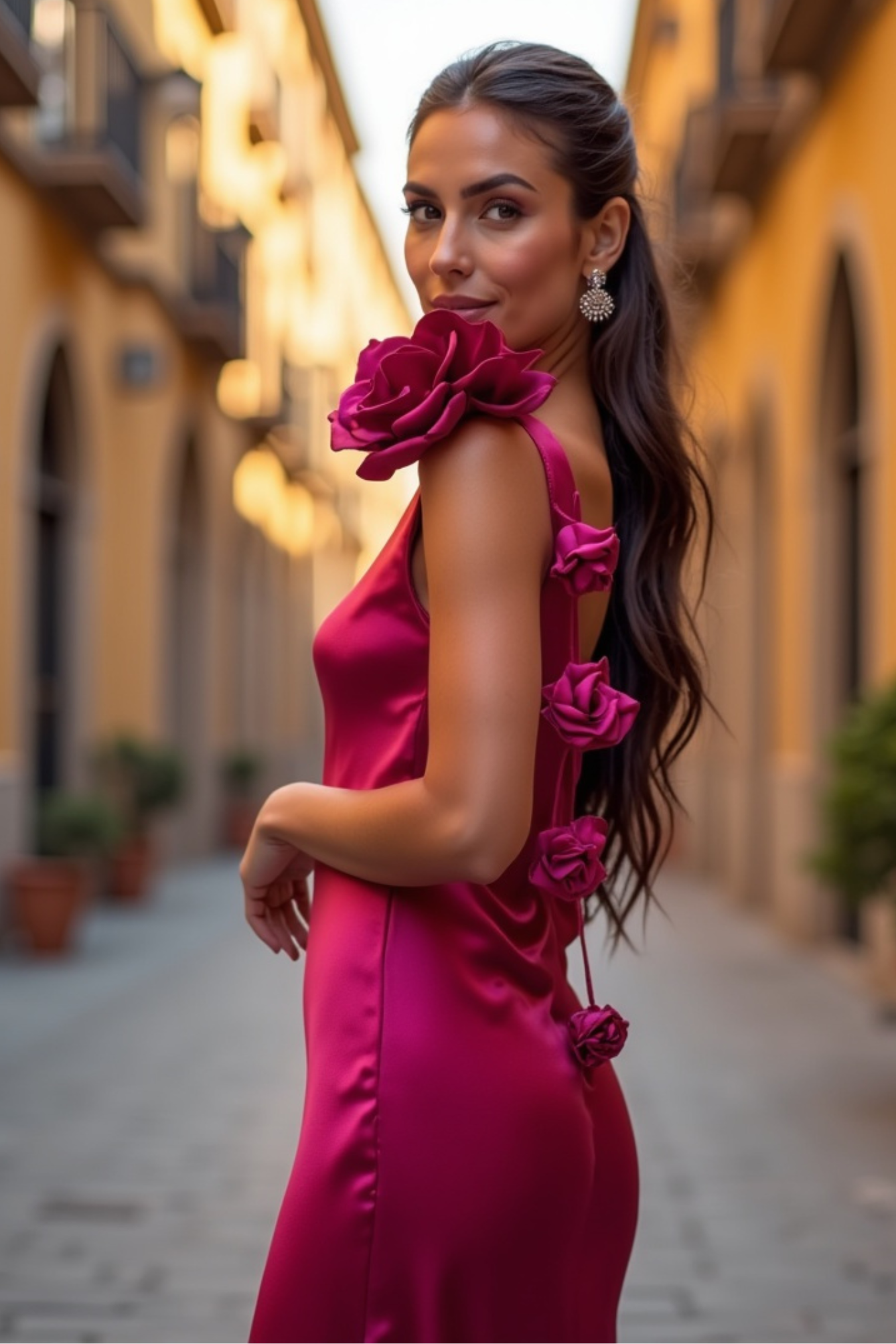 Moonlit Desire Flower Satin Ribbon Maxi Dress