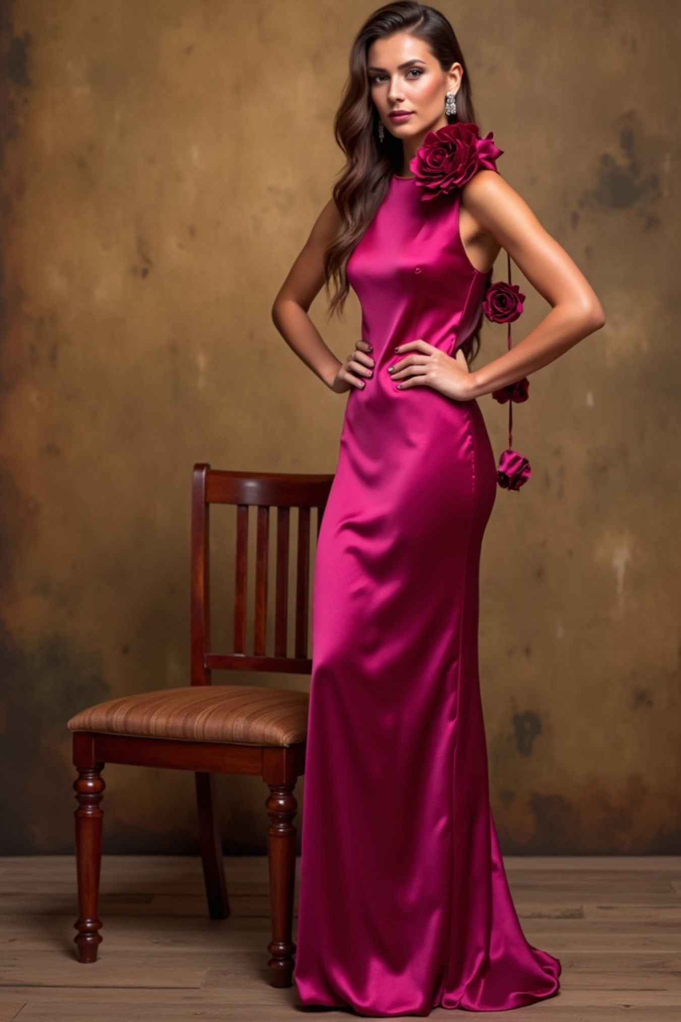 Moonlit Desire Flower Satin Ribbon Maxi Dress