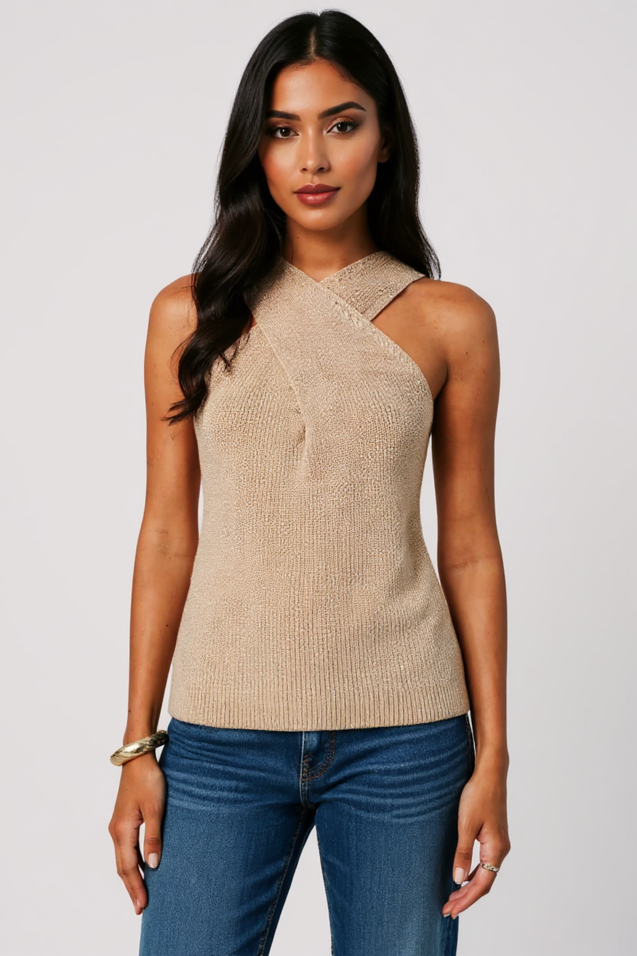 Halter Cross-Over Collar Knit Tank Top