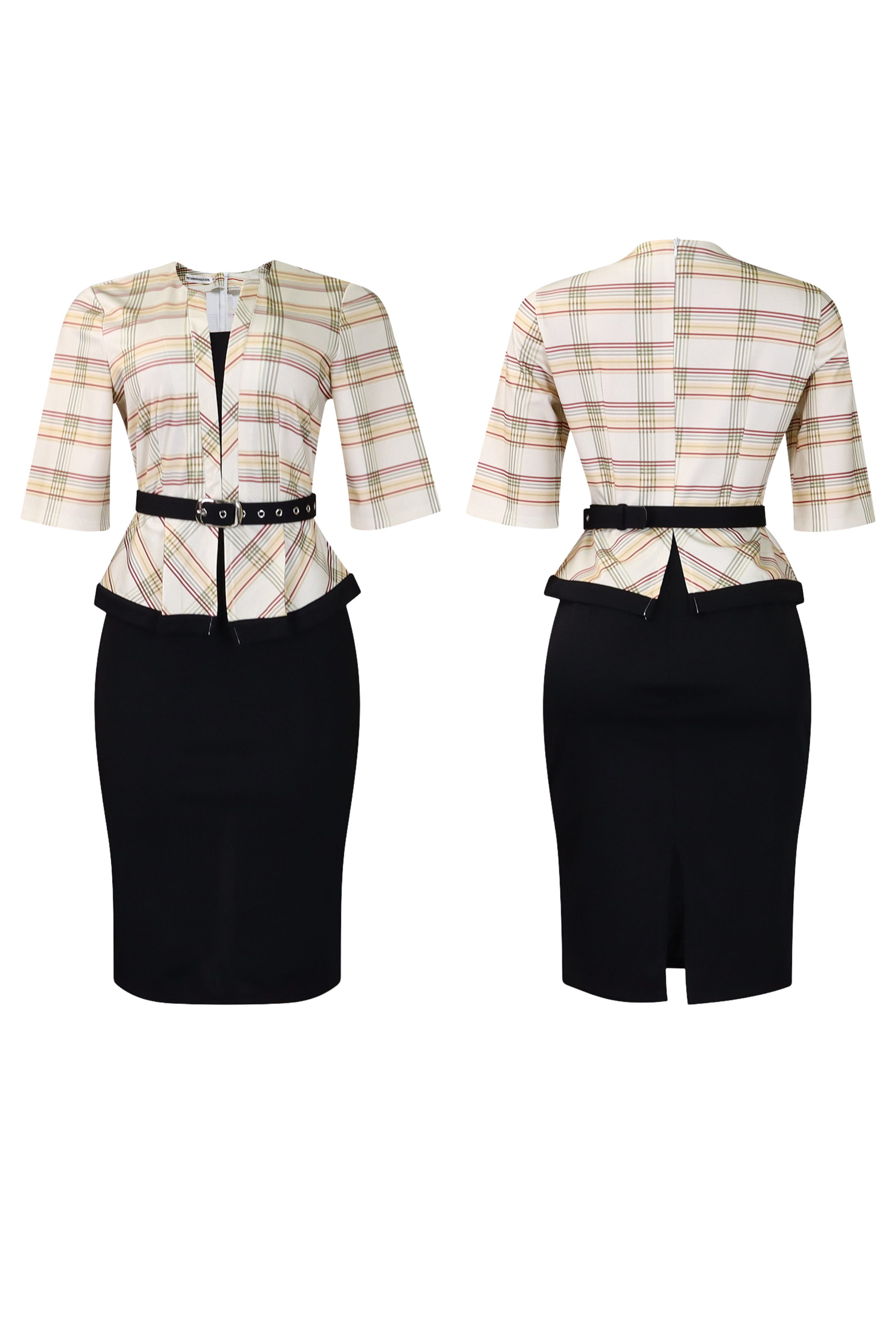 Elegant Plaid Pencil Dress – Structured Fit with Belt