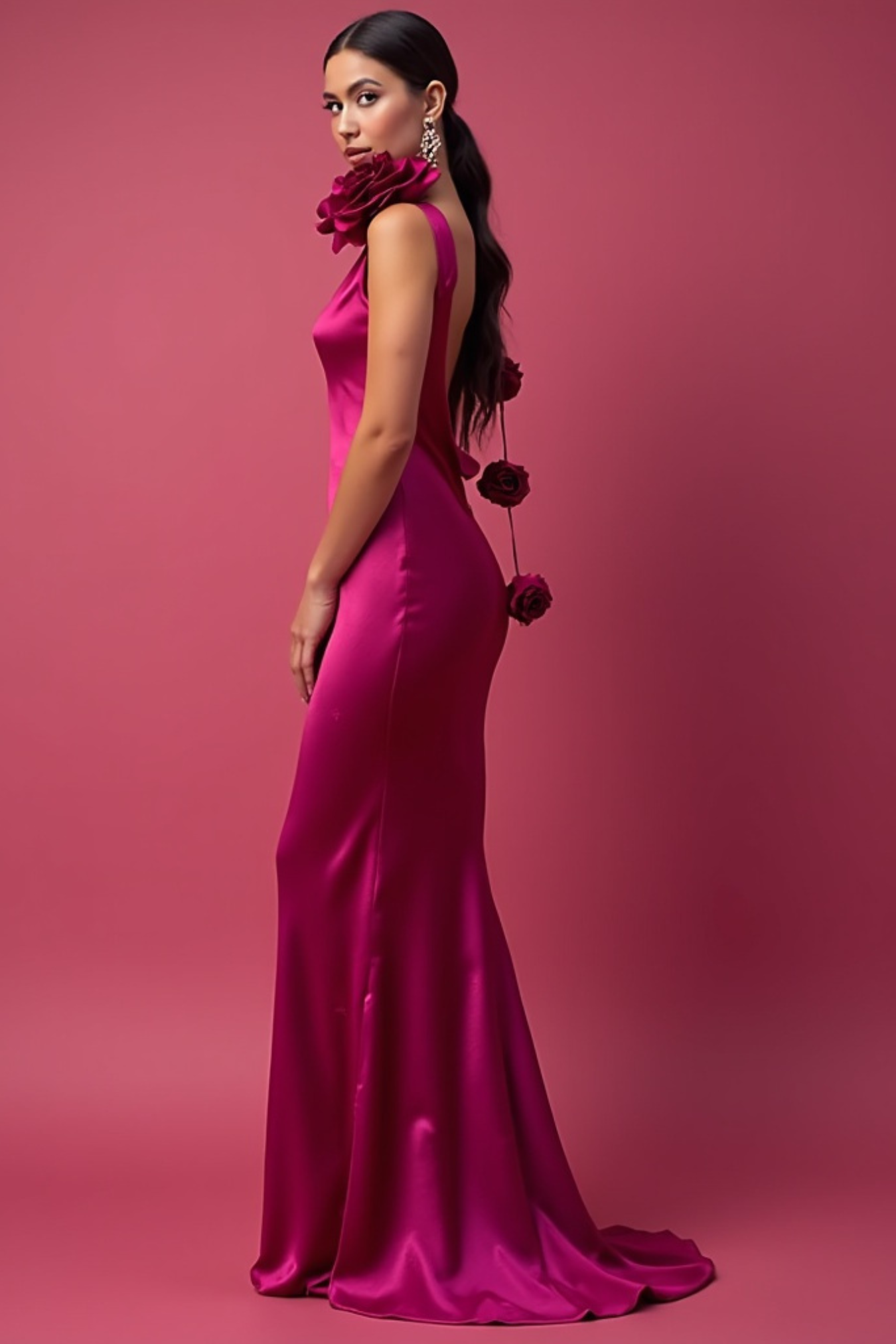 Moonlit Desire Flower Satin Ribbon Maxi Dress
