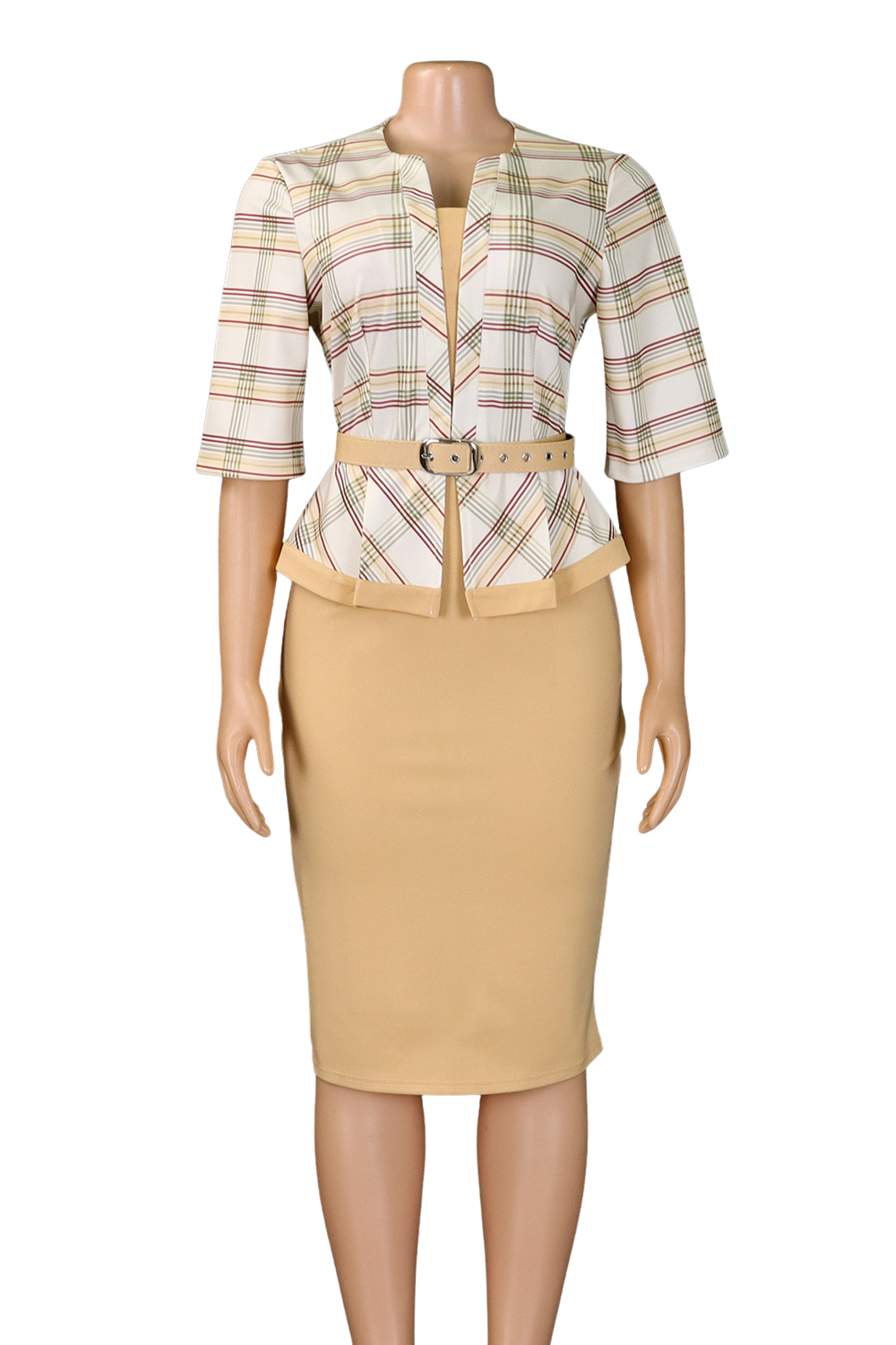 Elegant Plaid Pencil Dress – Structured Fit with Belt