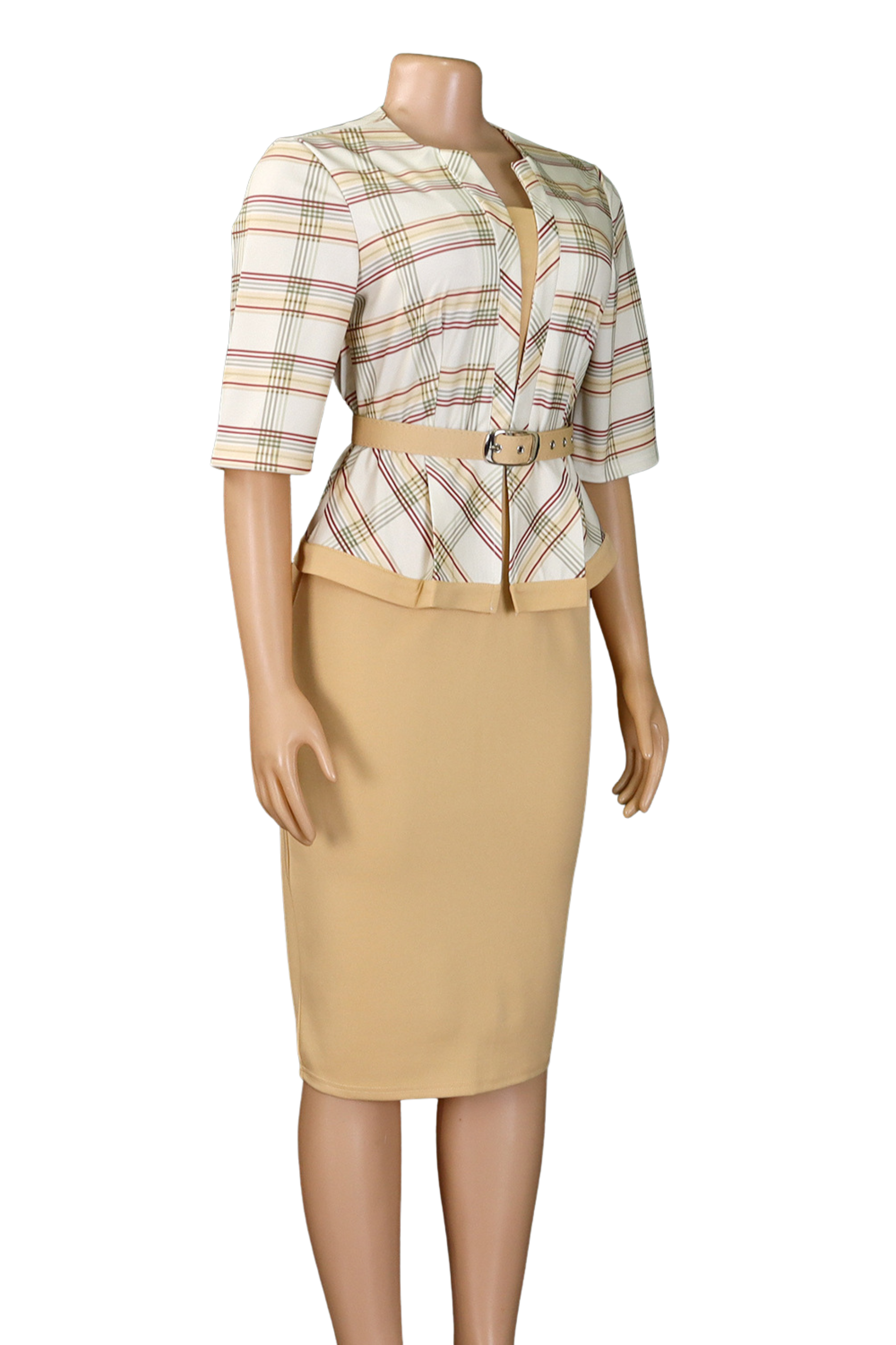 Elegant Plaid Pencil Dress – Structured Fit with Belt