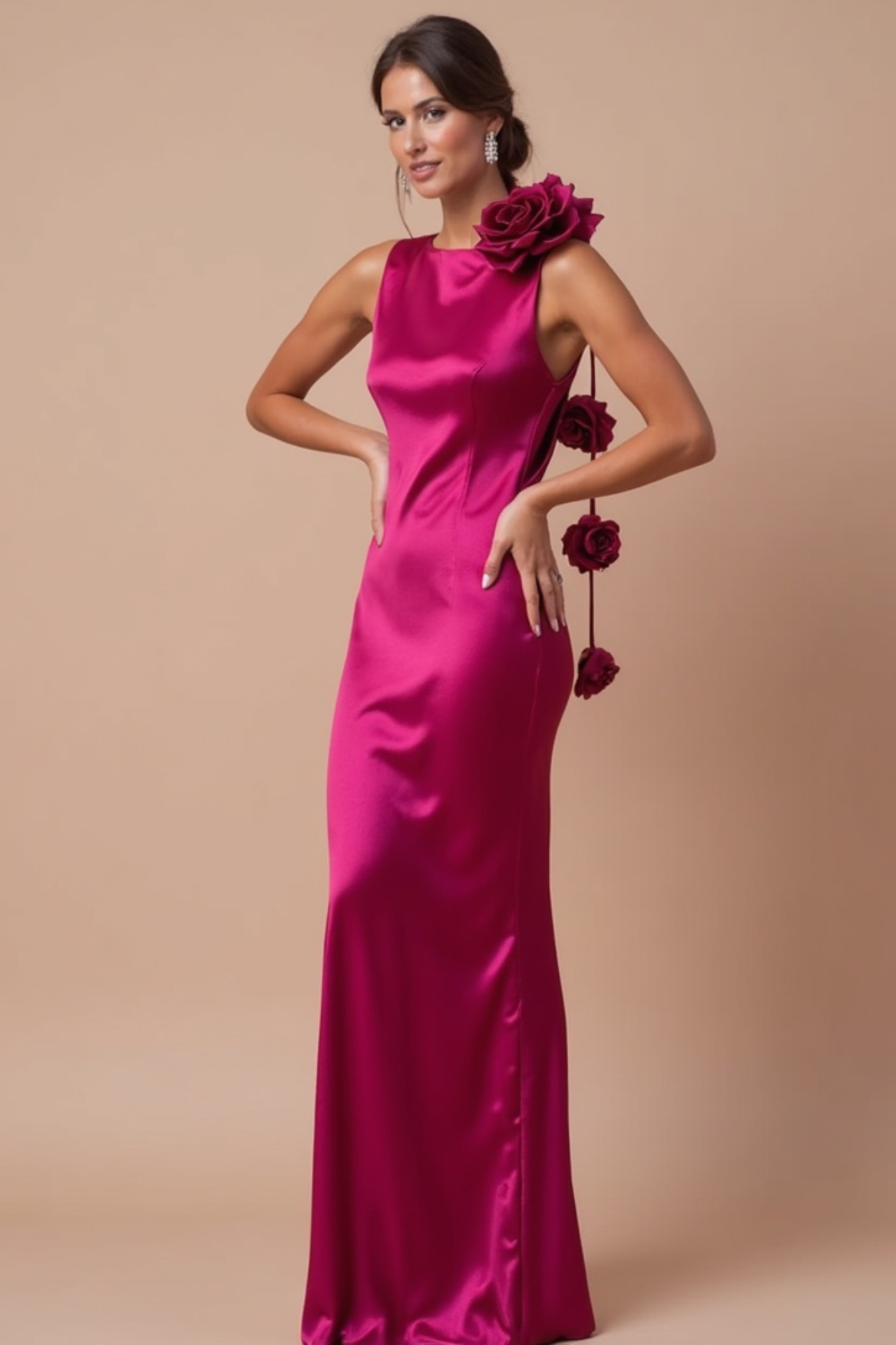 Moonlit Desire Flower Satin Ribbon Maxi Dress