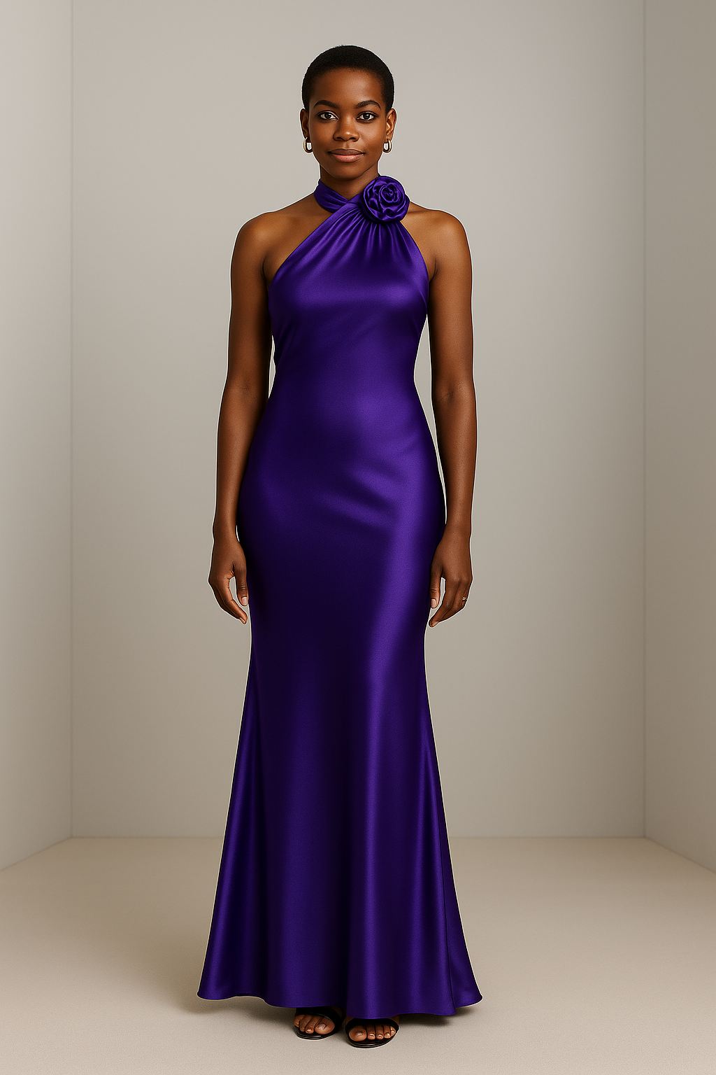 Satin Halter-Neck Maxi Dress with Sculpted Floral Neckline