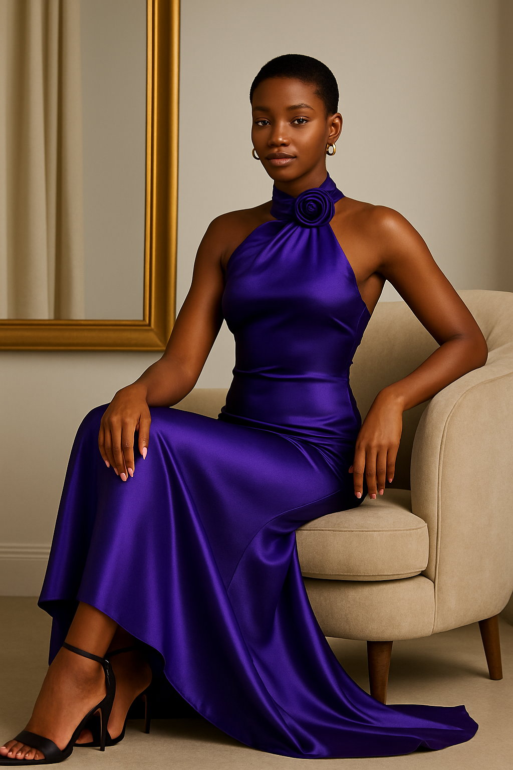Satin Halter-Neck Maxi Dress with Sculpted Floral Neckline