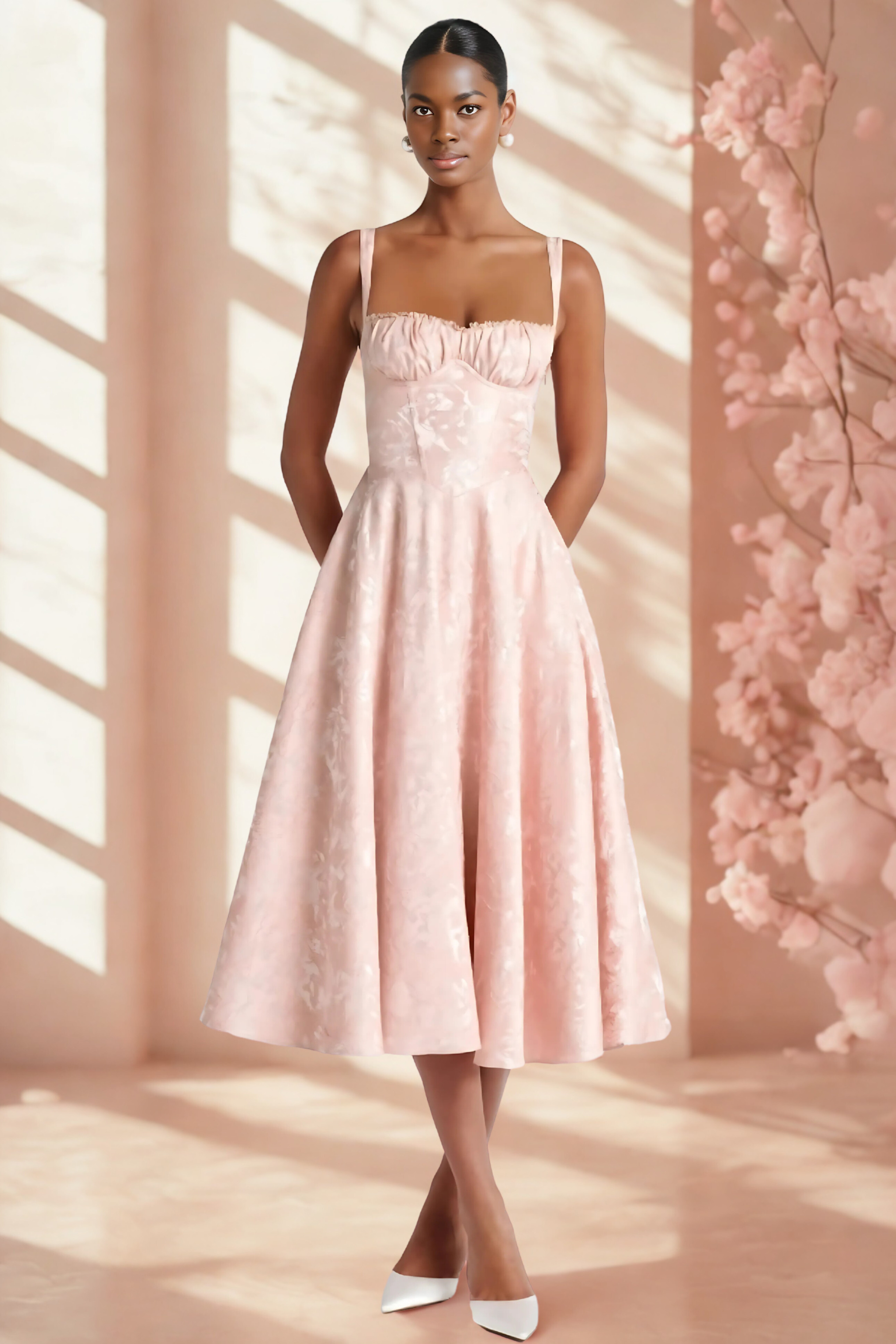 Juliette – Floral Jacquard Midi Dress in Soft Peach