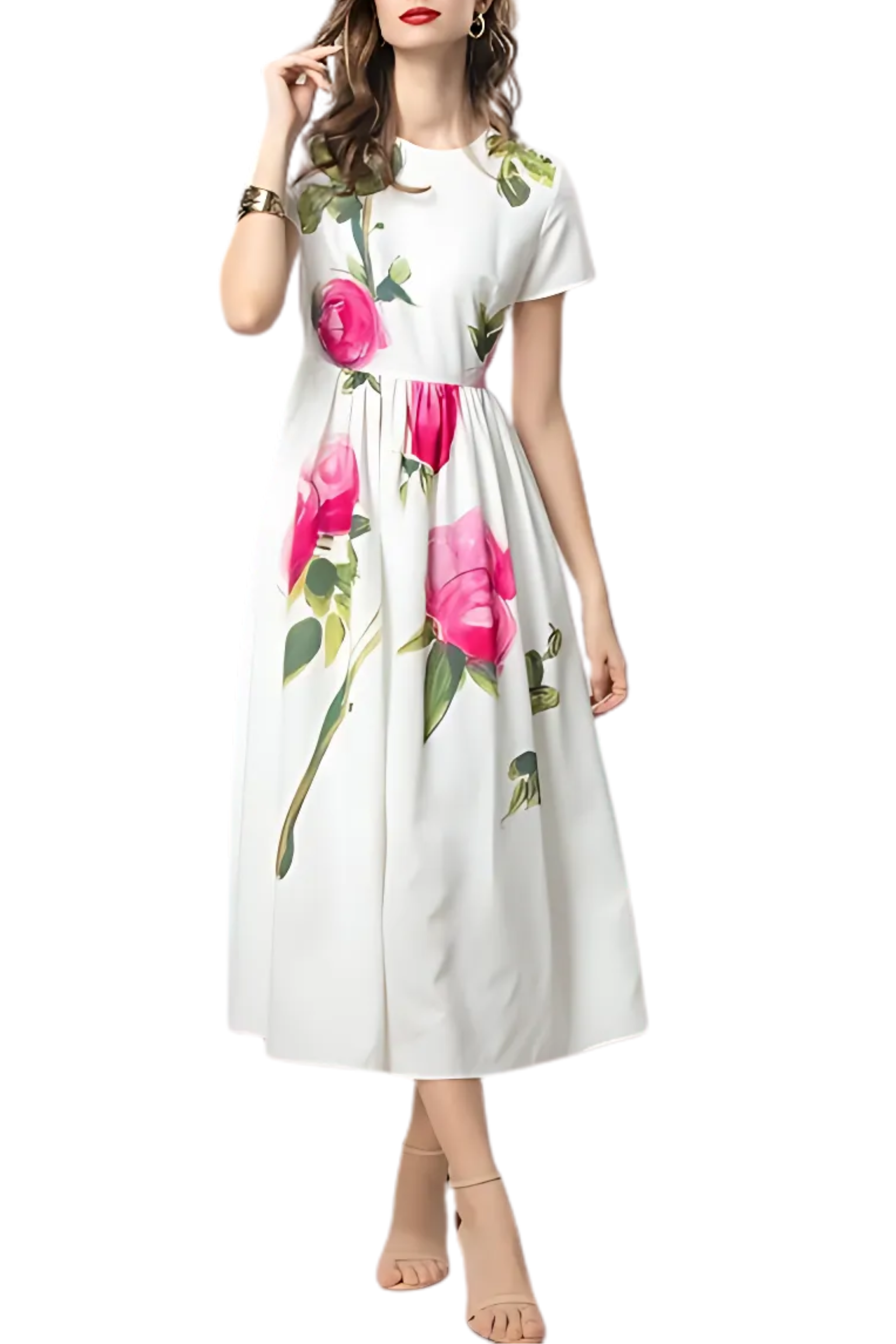 Camellia – White Midi Dress with Watercolor Rose Print