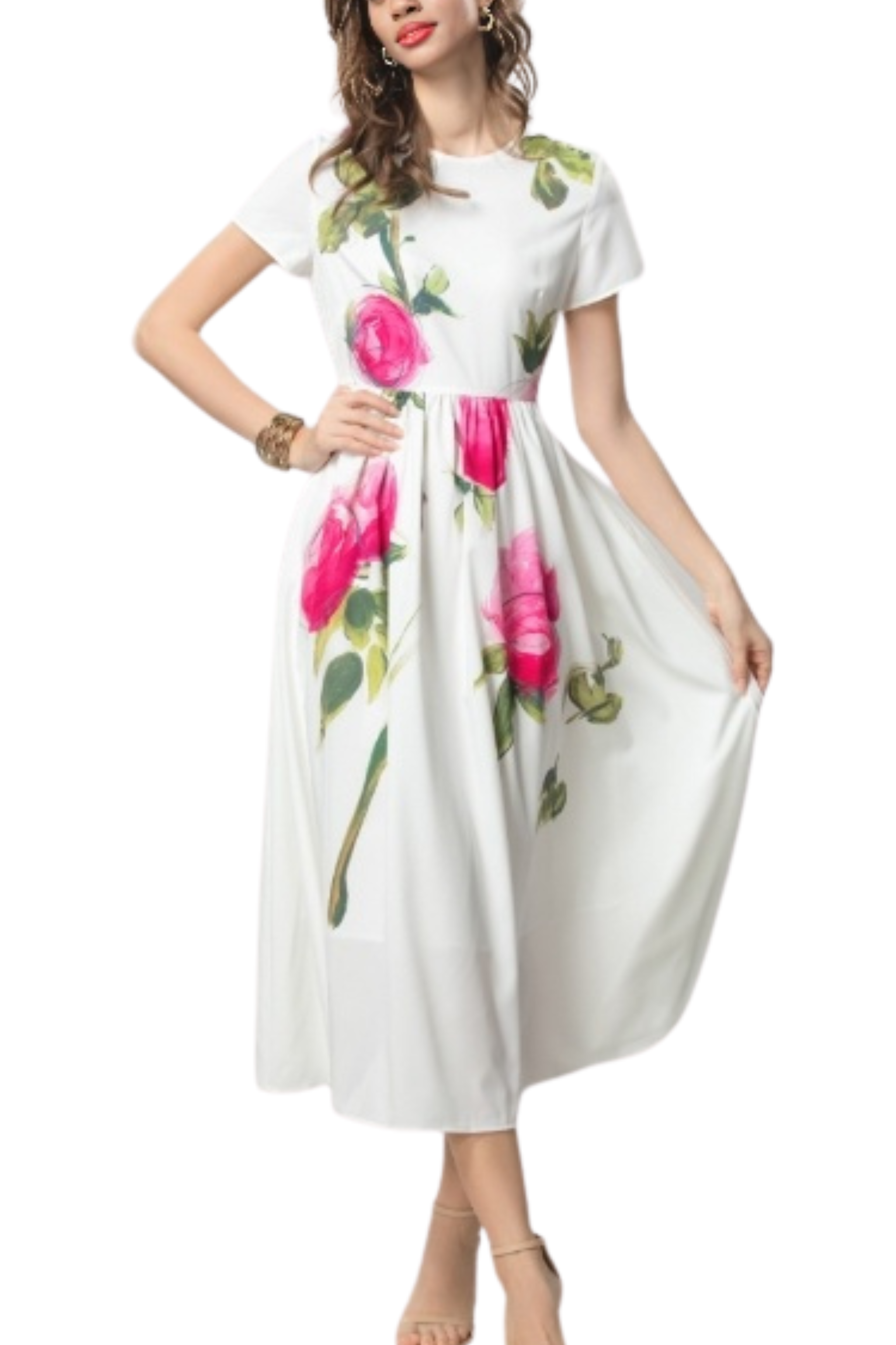 Camellia – White Midi Dress with Watercolor Rose Print