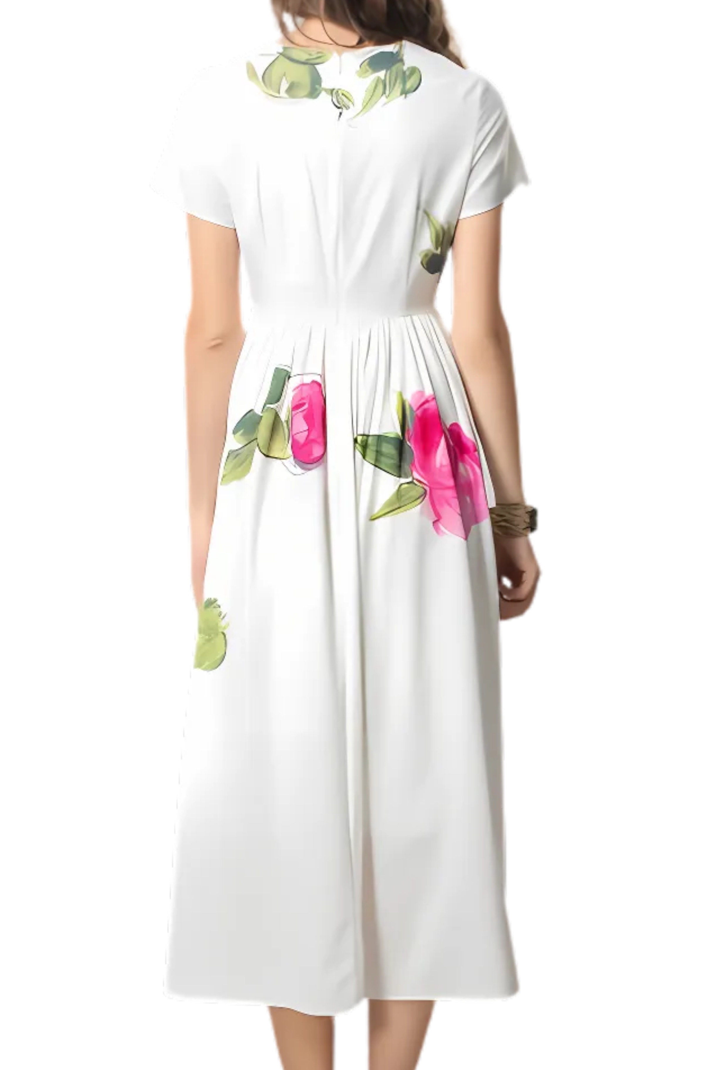 Camellia – White Midi Dress with Watercolor Rose Print